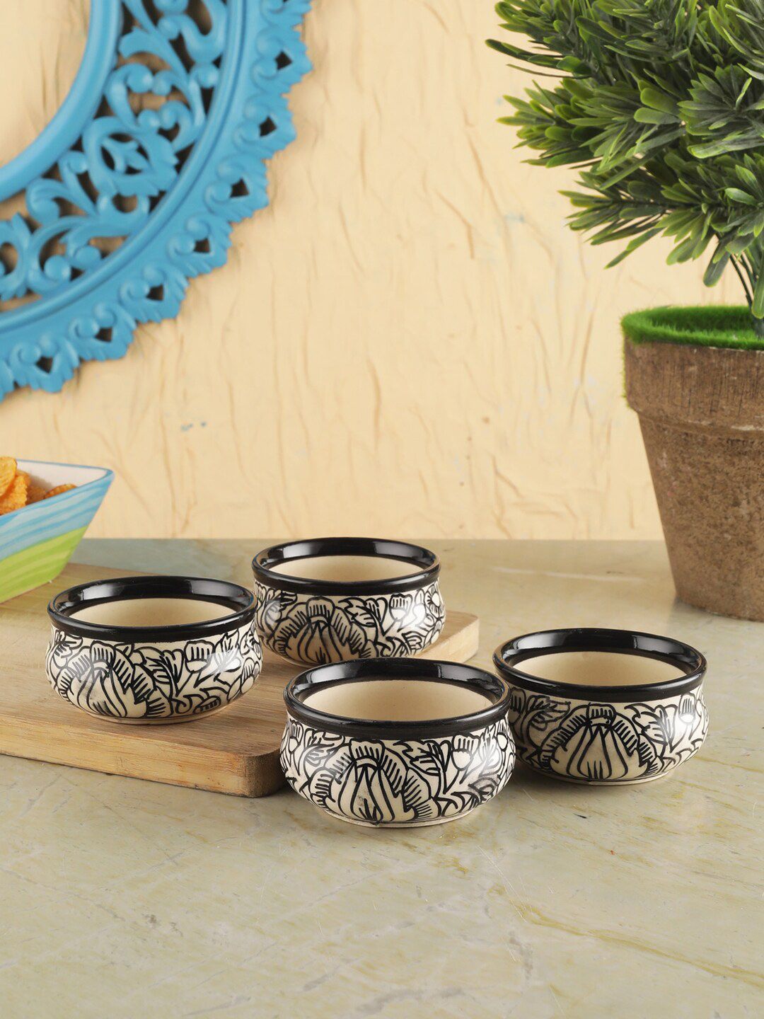 VarEesha Set Of 4 Off White & Black Printed Ceramic Dip Bowl Serveware Price in India