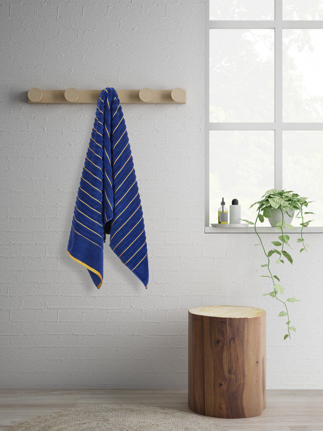 SPACES Navy Blue & Yellow Striped 580 GSM Cotton Bath Towel Price in India