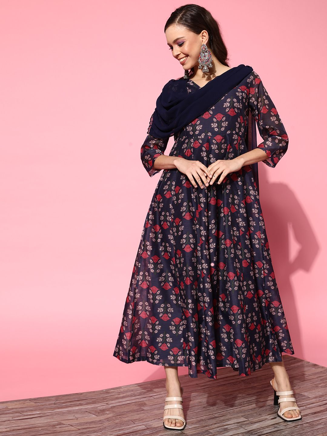 Shae by SASSAFRAS Women Navy Blue Floral Desi Girl Dress Price in India