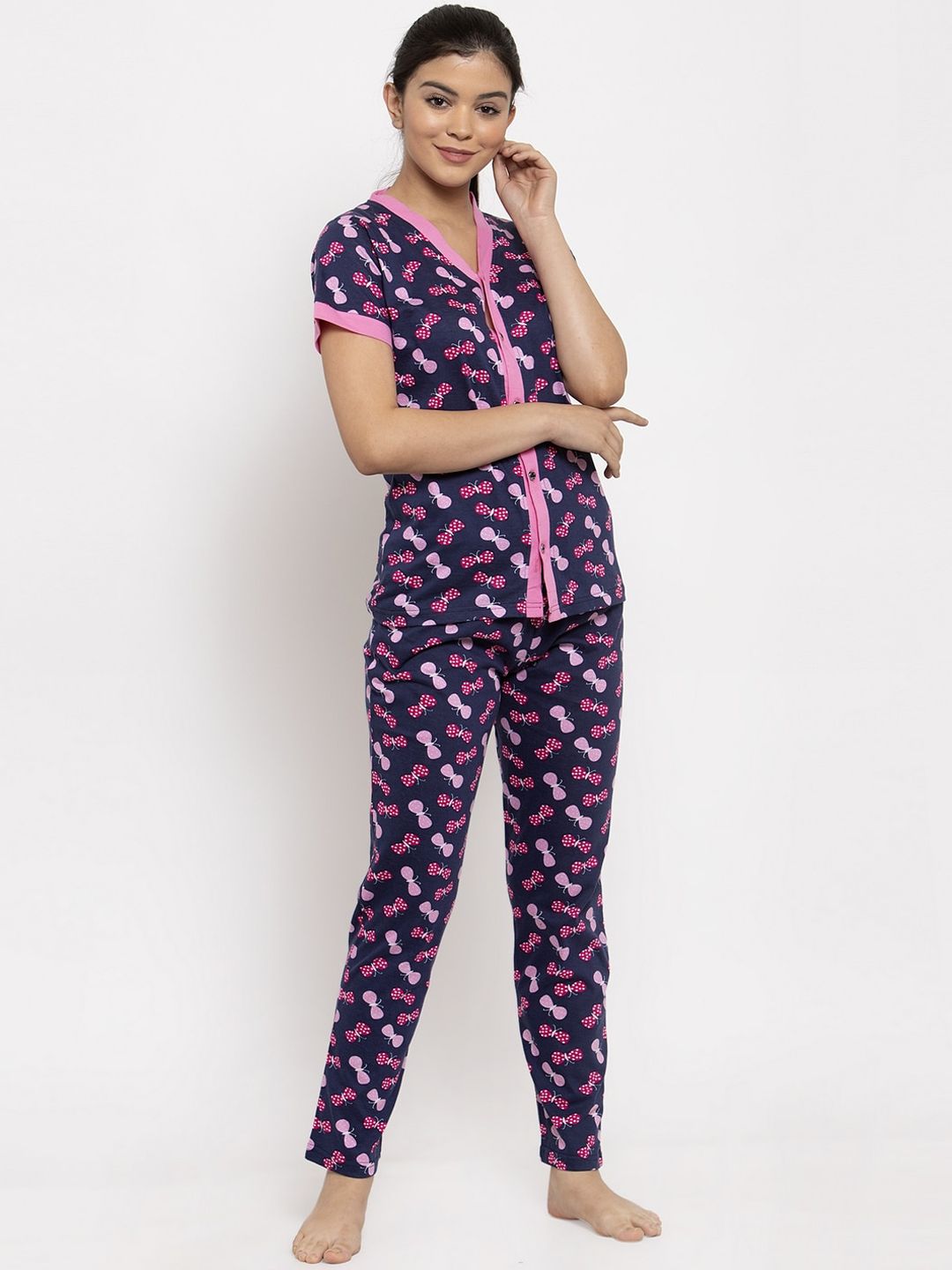 Claura Women Navy Blue & Pink Printed Night suit 100% Cotton Price in India