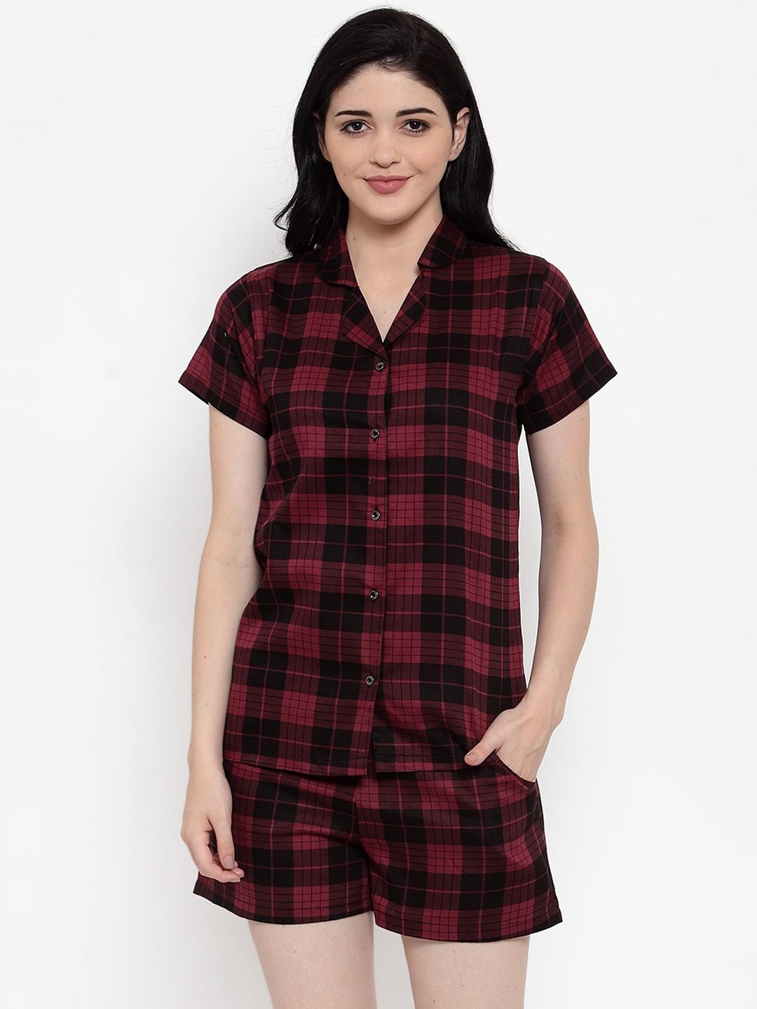 Claura Women Maroon & Black Checked Night suit Price in India