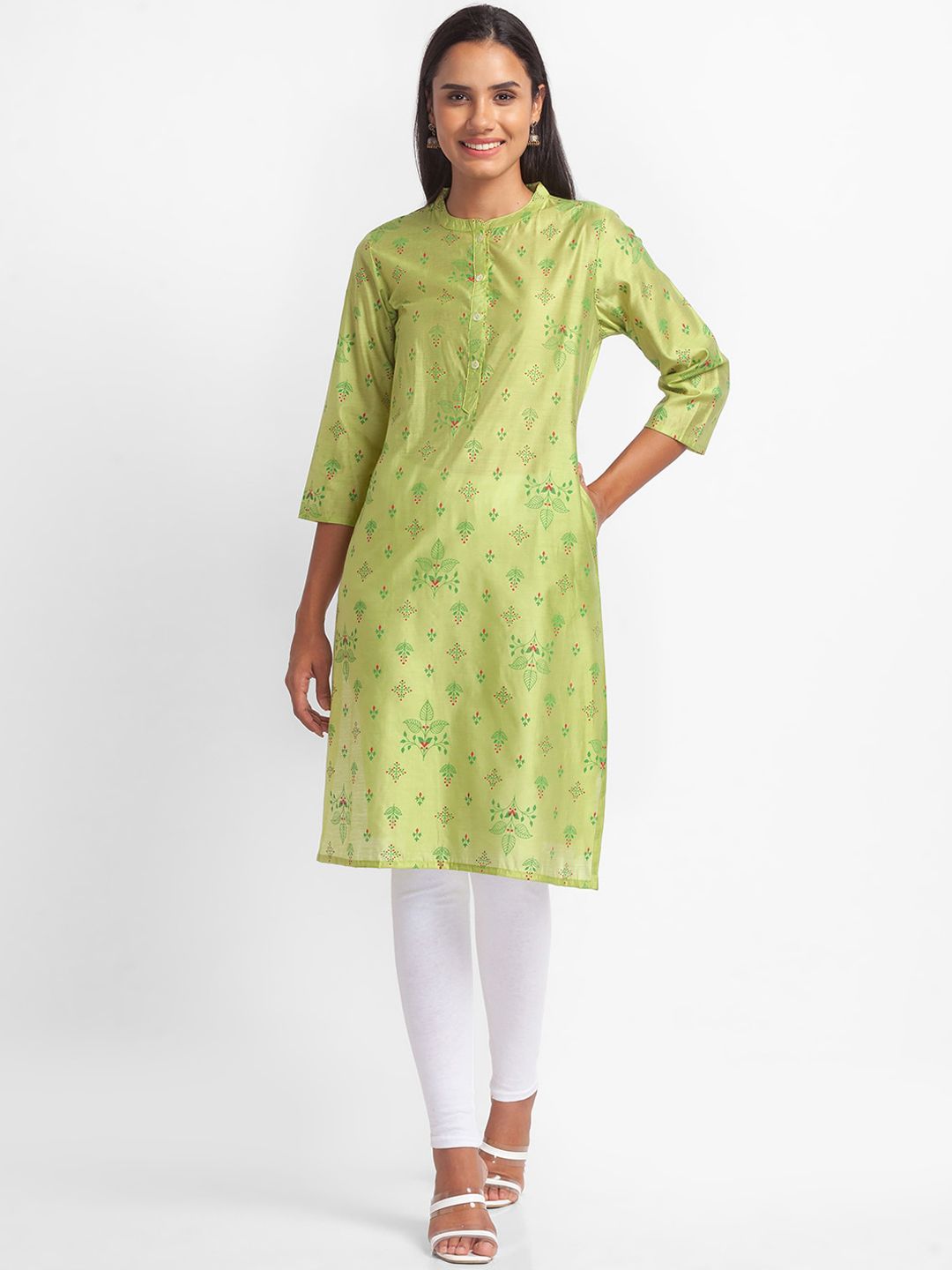 Globus Women Green Ethnic Motifs Printed Flared Sleeves Chikankari Kurta Price in India