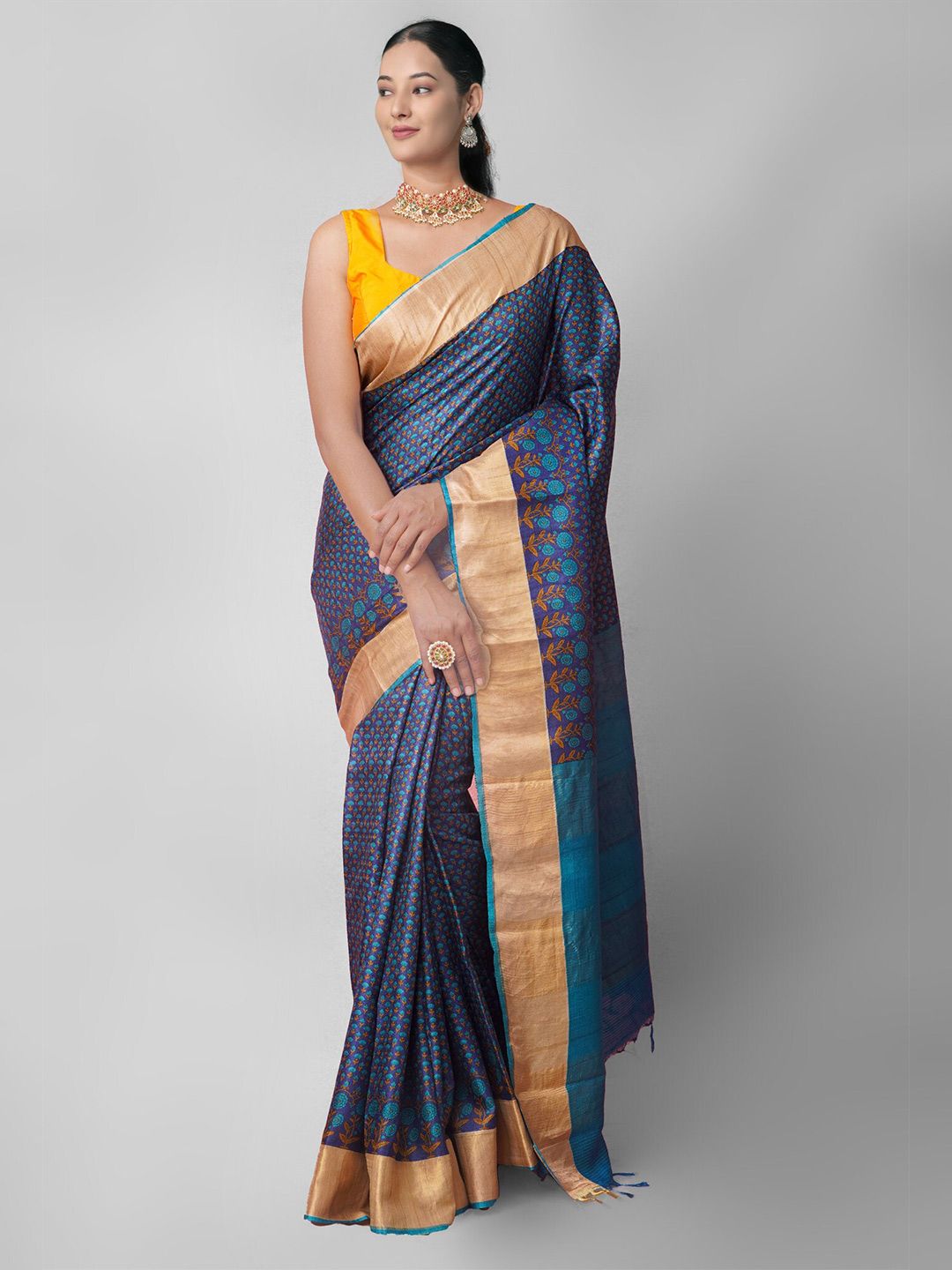 Unnati Silks Navy Blue & Orange Floral Zari Pure Silk Tussar Saree Price in India