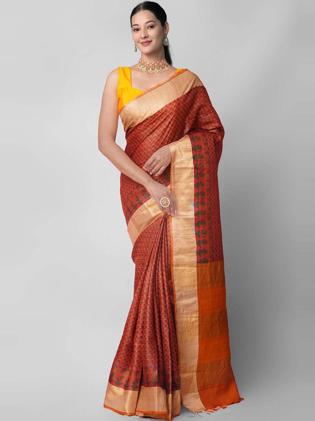 Unnati Silks Pink & Gold-Toned Floral Zari Pure Silk Handloom Tussar Saree Price in India