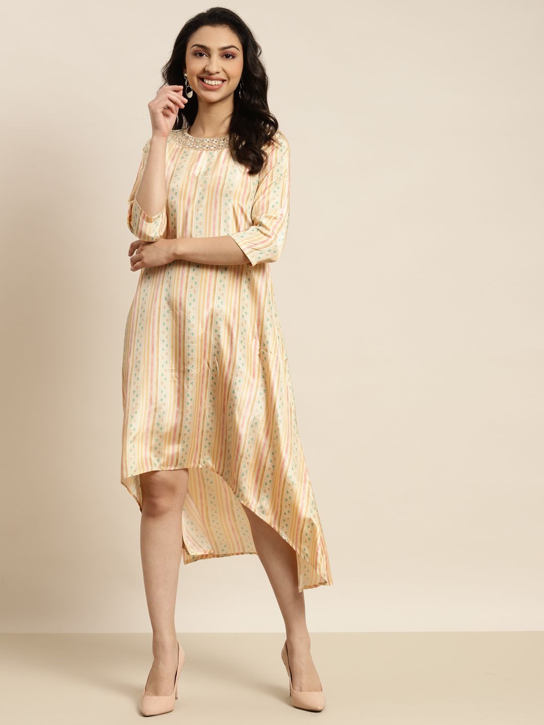 Shae by SASSAFRAS Beige & Rust Pink Printed Mirror Detail Crepe Ethnic A-Line Maxi Dress Price in India