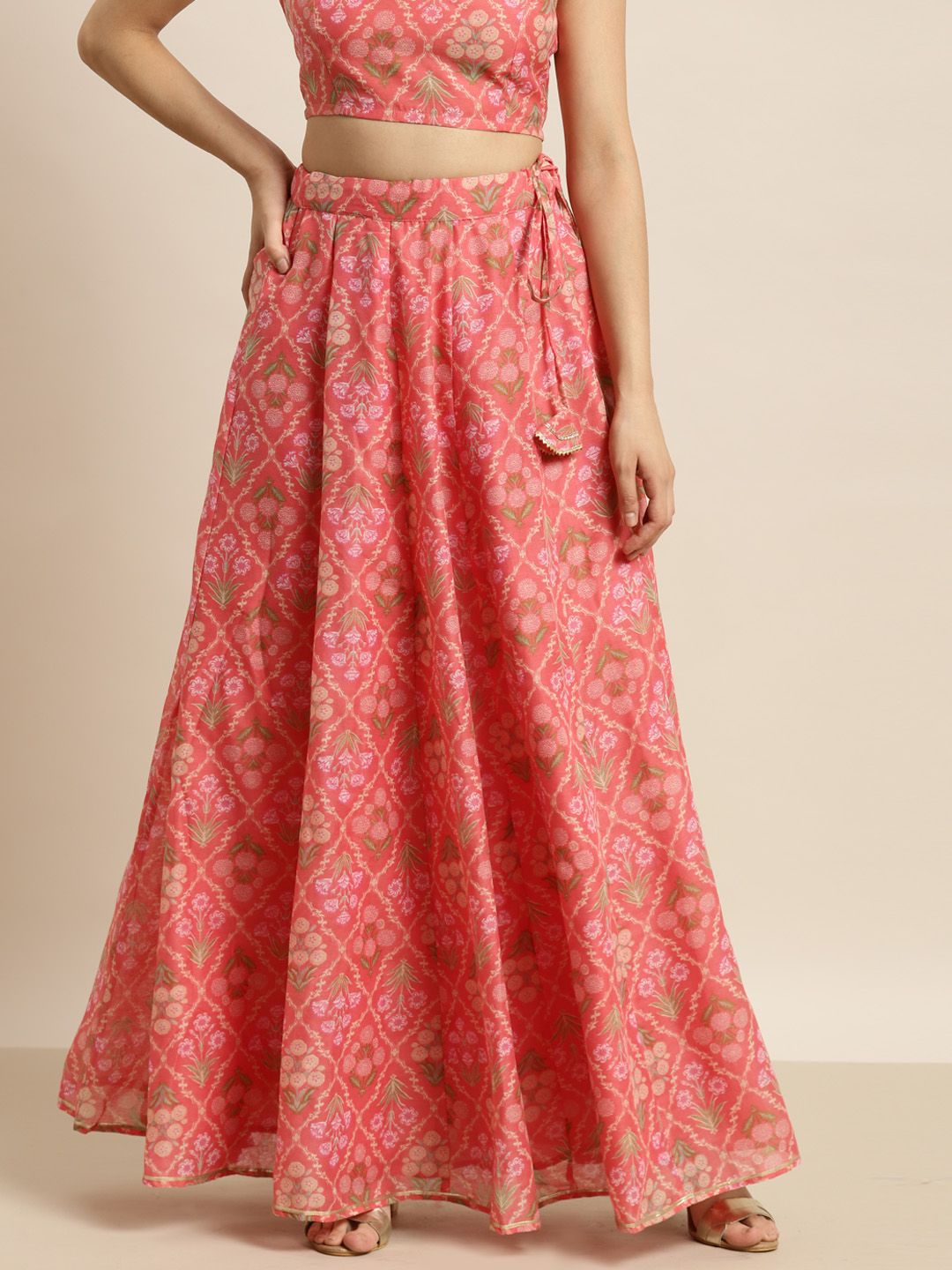 Shae by SASSAFRAS Peach Ethnic Motifs Printed Maxi Anarkali Skirt