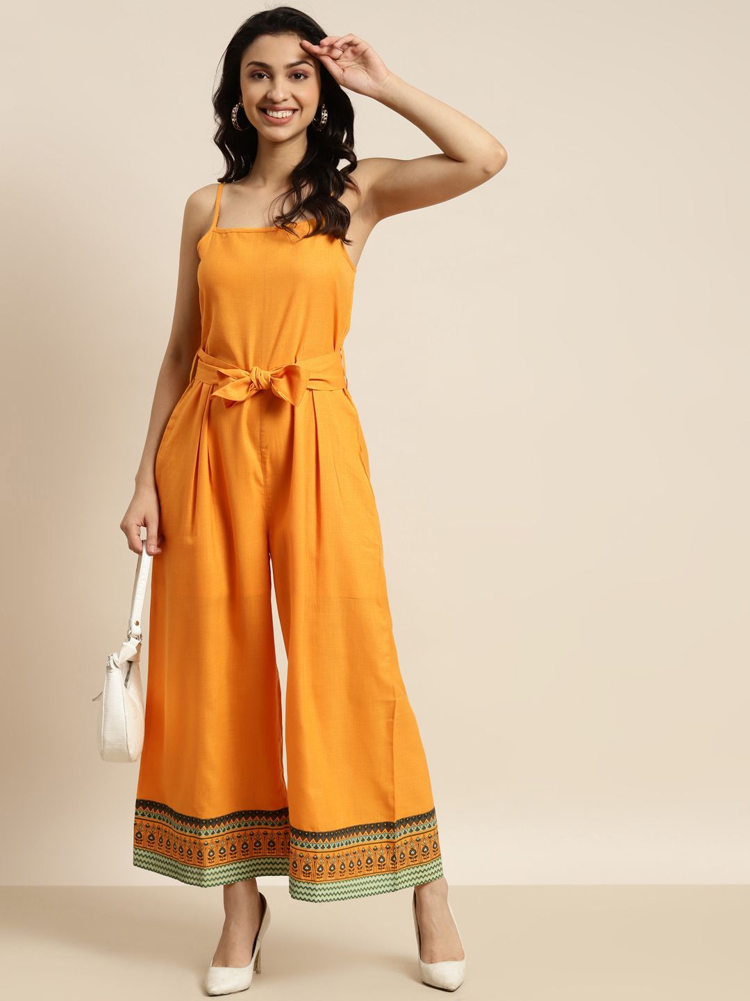 Shae by SASSAFRAS Mustard Yellow Printed Basic Strappy Jumpsuit Price in India