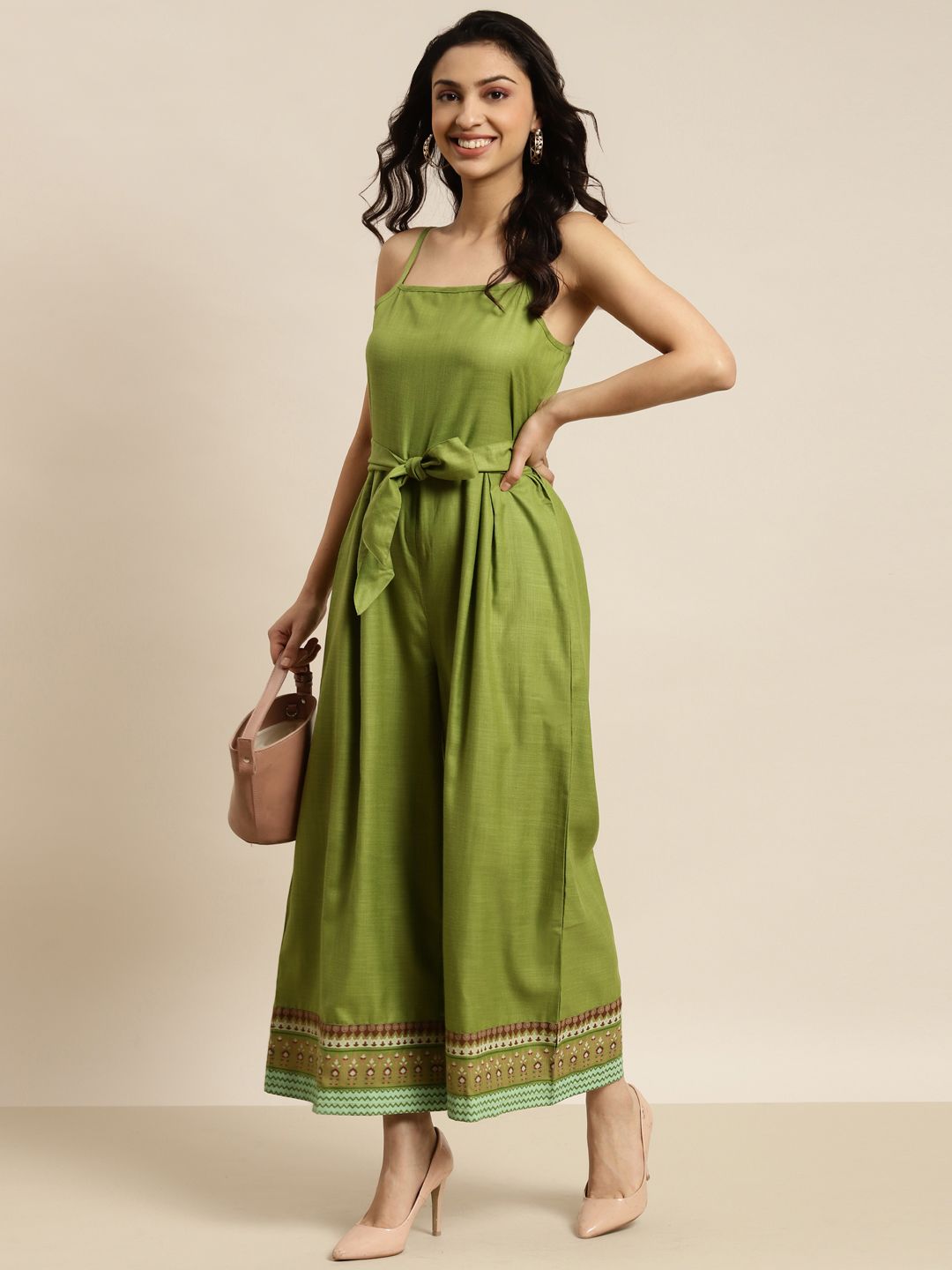 Shae by SASSAFRAS Green Ethnic Printed Basic Strappy Jumpsuit Price in India