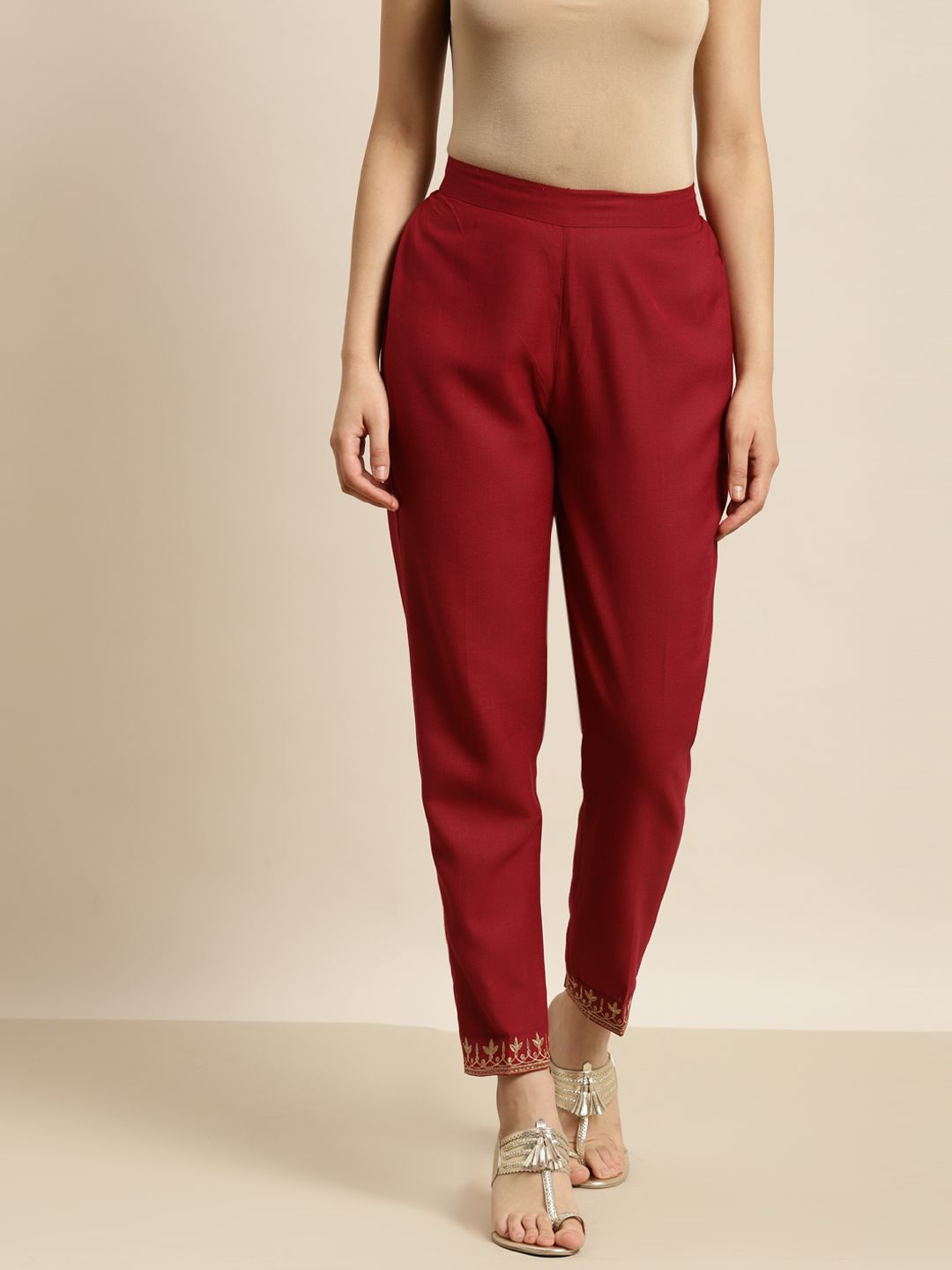 Shae by SASSAFRAS Women Maroon Ethnic Print Detail Pencil Tapered Fit Trousers Price in India