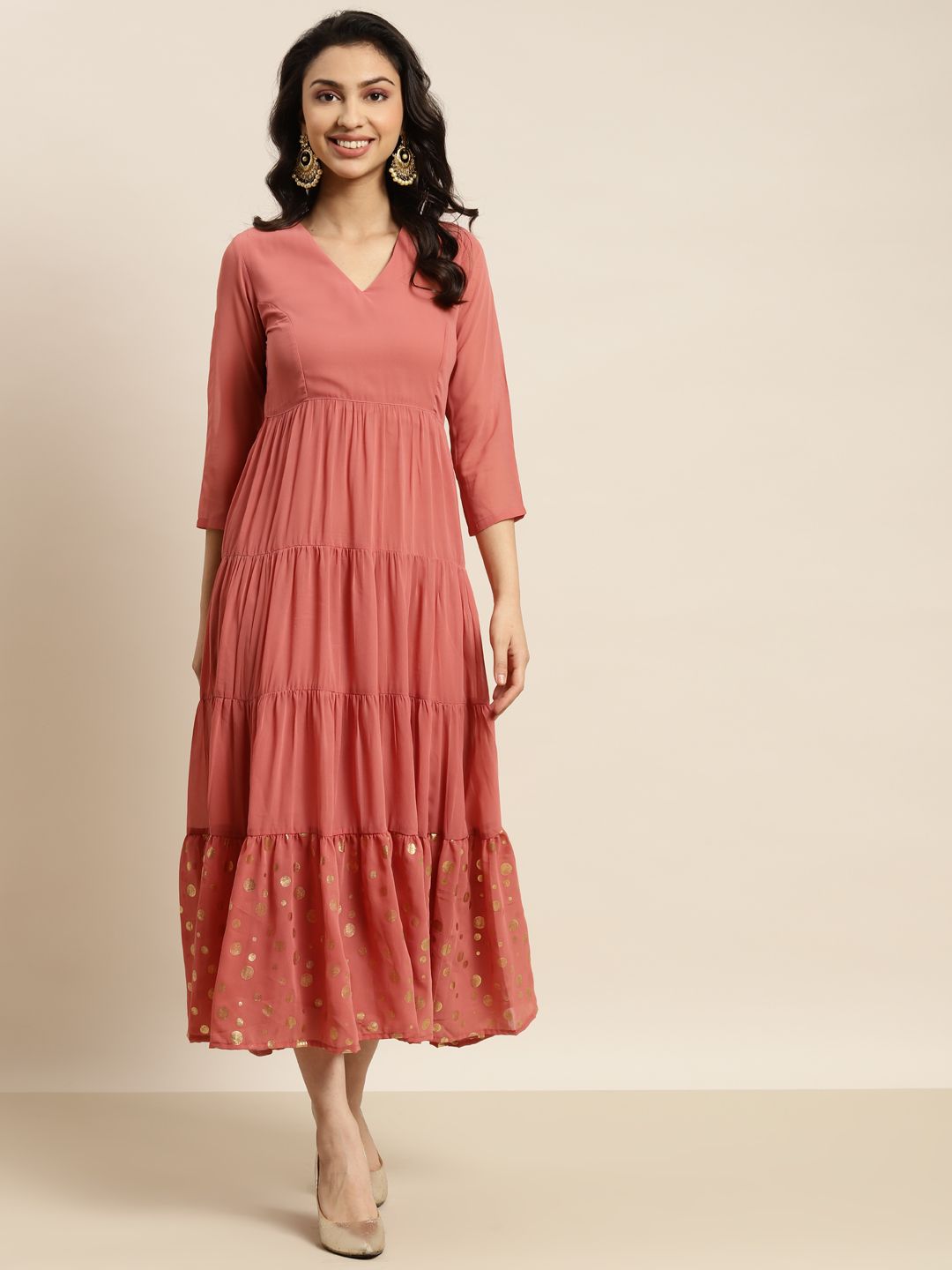Shae by SASSAFRAS Rust Pink & Golden Foil Print Georgette Ethnic Tiered Maxi Dress Price in India