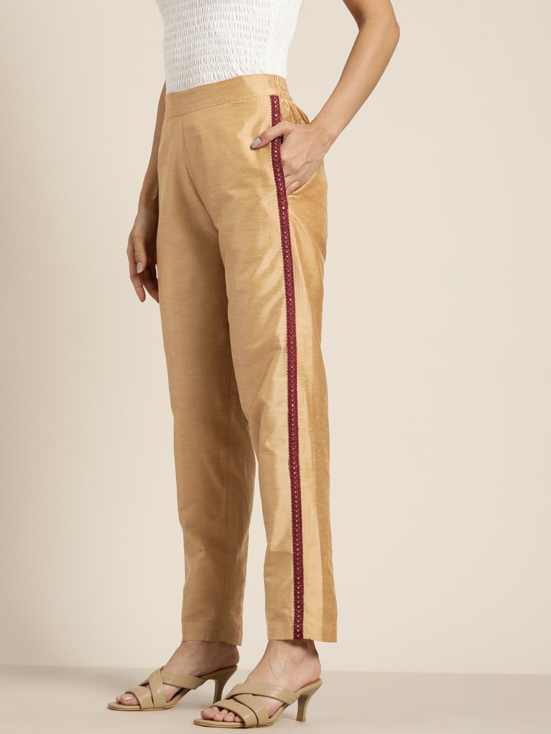 Shae by SASSAFRAS Women Gold-Toned  Mirror Lace Pencil Pants Price in India