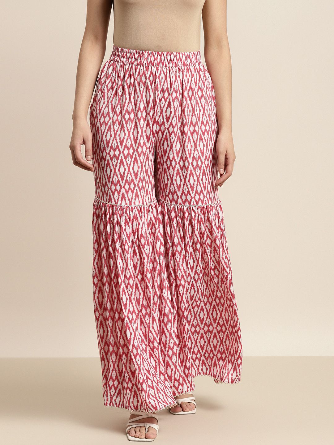 Shae by SASSAFRAS Women Red & White Printed Flared Pleated Sharara Pants Price in India