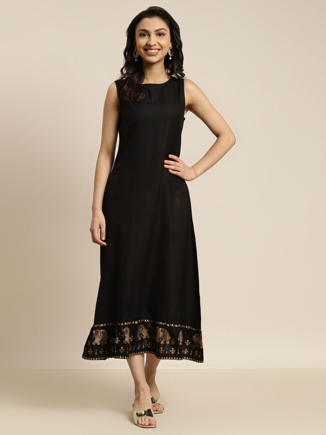 Shae by SASSAFRAS Black Elephant Border Foil Print Ethnic A-Line Midi Dress Price in India