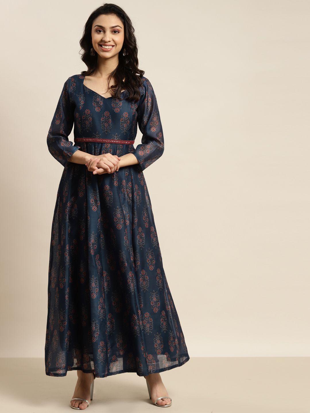 Shae by SASSAFRAS Women Navy Blue & Maroon Floral Printed Maxi Dress Price in India