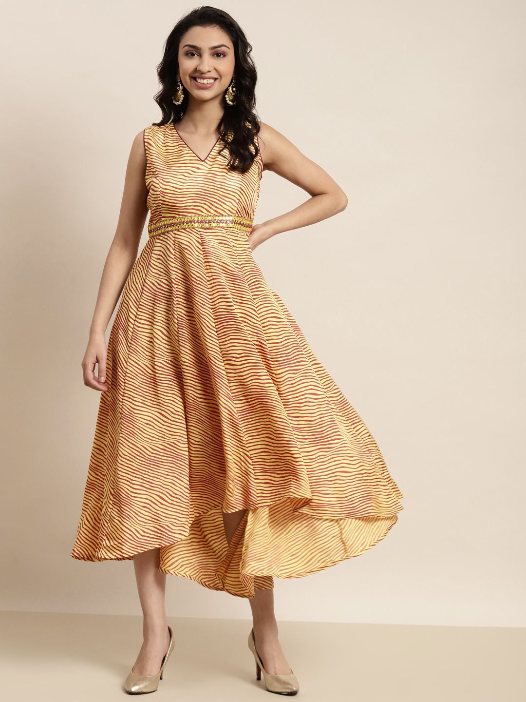 Shae by SASSAFRAS Mustard Yellow & Brown Lehariya High Low Crepe Anarkali Maxi Dress Price in India
