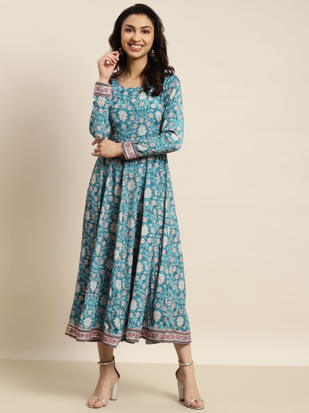 Shae by SASSAFRAS Teal Green & Pink Ethnic Motifs Crepe Ethnic Anarkali Midi Dress Price in India