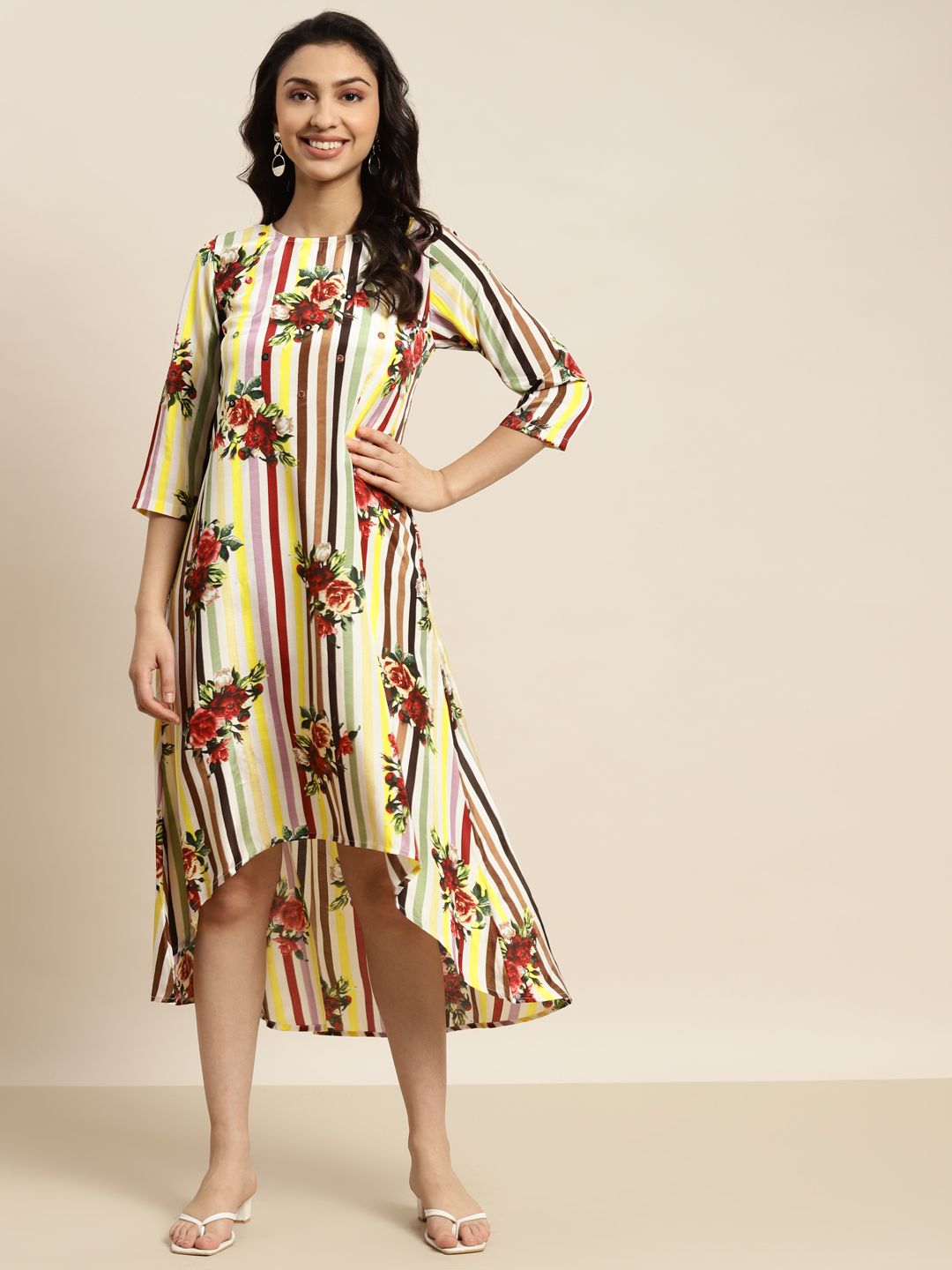Shae by SASSAFRAS White & Black Floral High Low Ethnic A-Line Midi Dress Price in India