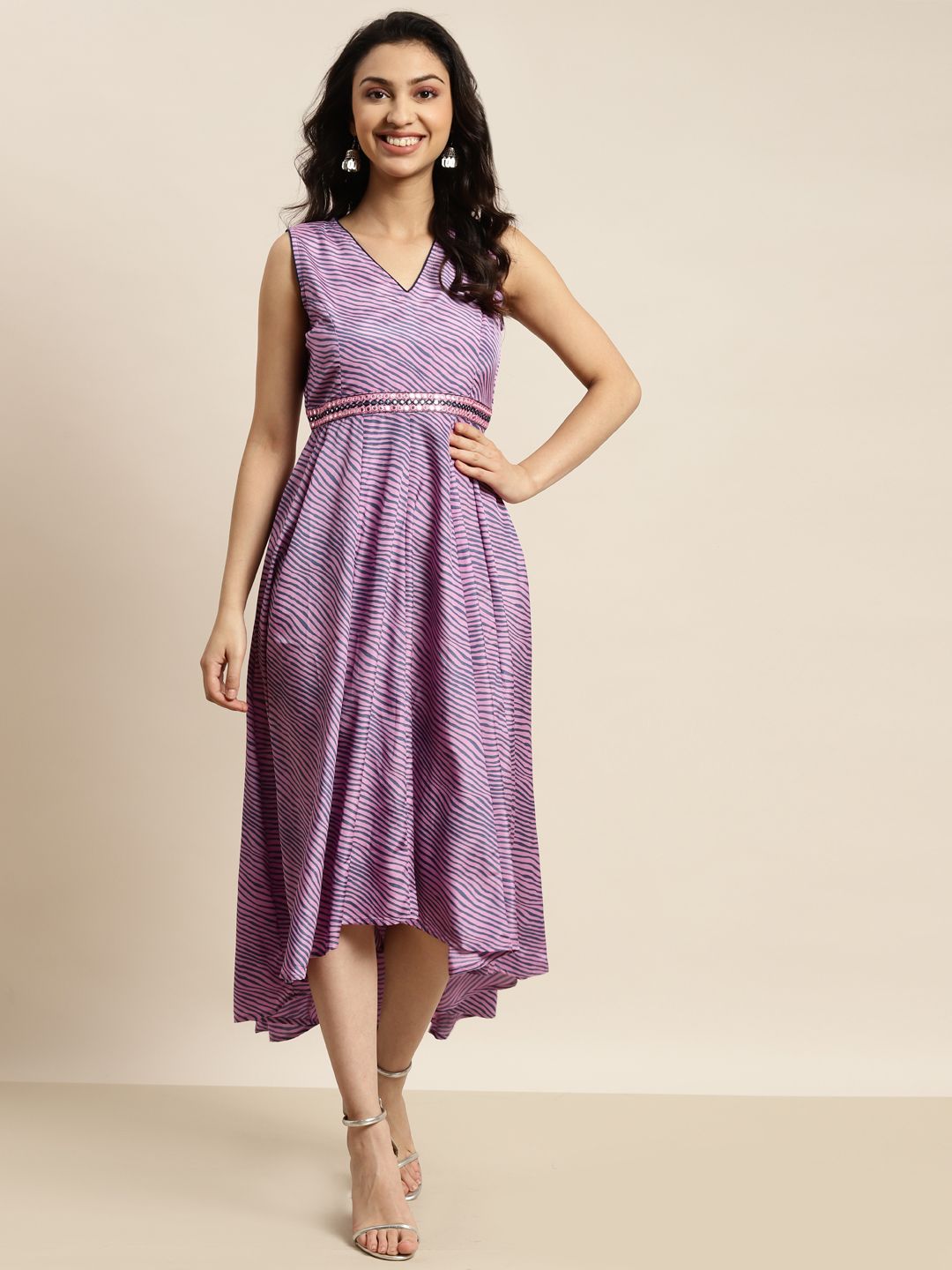 Shae by SASSAFRAS Women Lavender & Blue Lehariya Printed A-Line Midi Dress Price in India