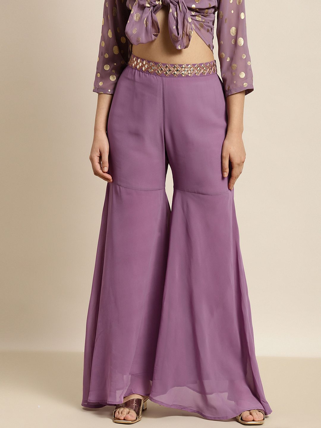 Shae by SASSAFRAS Women Purple Solid Embroidered Waist Flared Pleated Sharara Pants Price in India