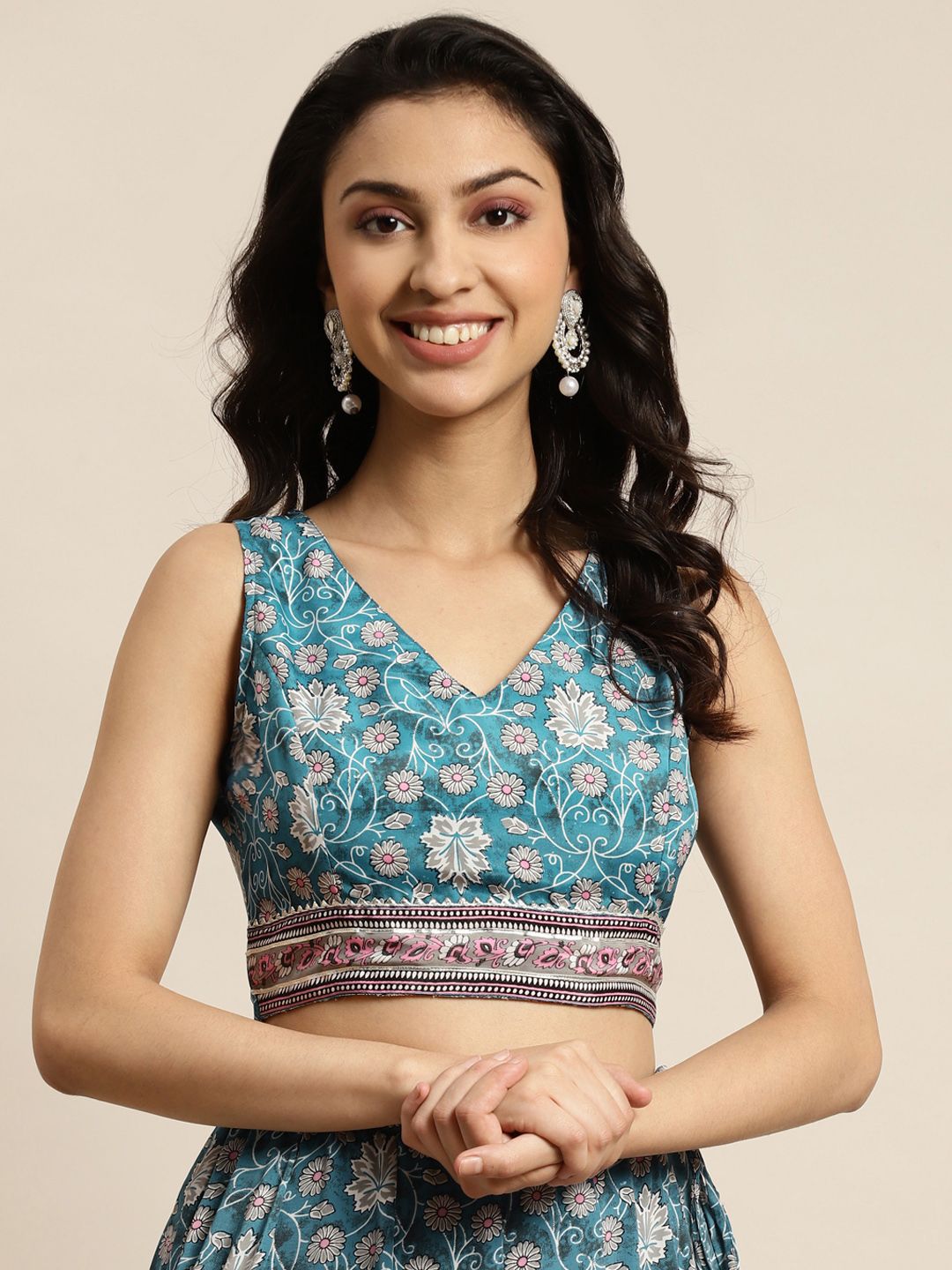 Shae by SASSAFRAS Teal & Pink Floral Print Crepe Crop Top