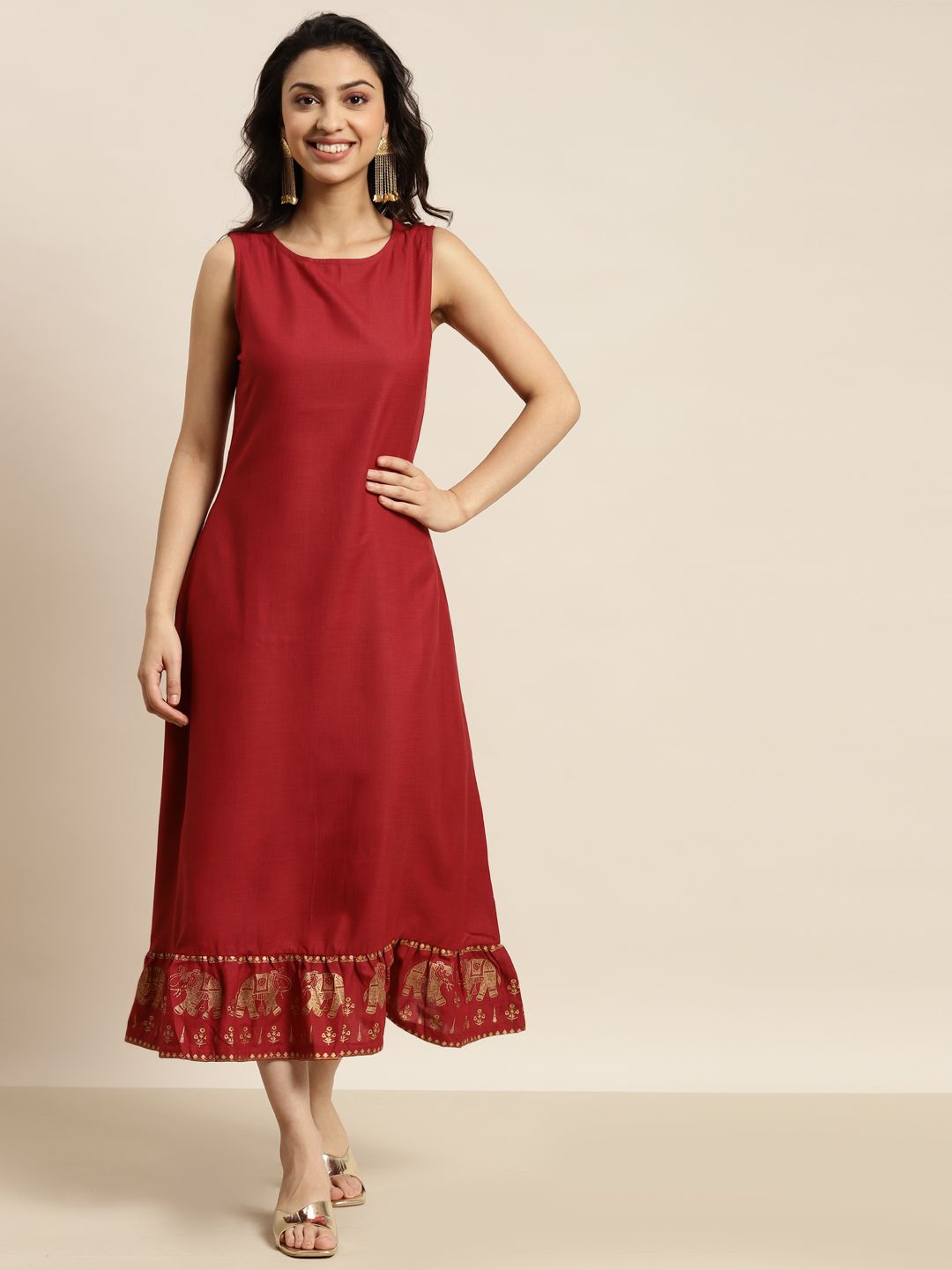 Shae by SASSAFRAS Women Maroon Ethnic Motifs Printed Detail Sheath Midi Dress Price in India