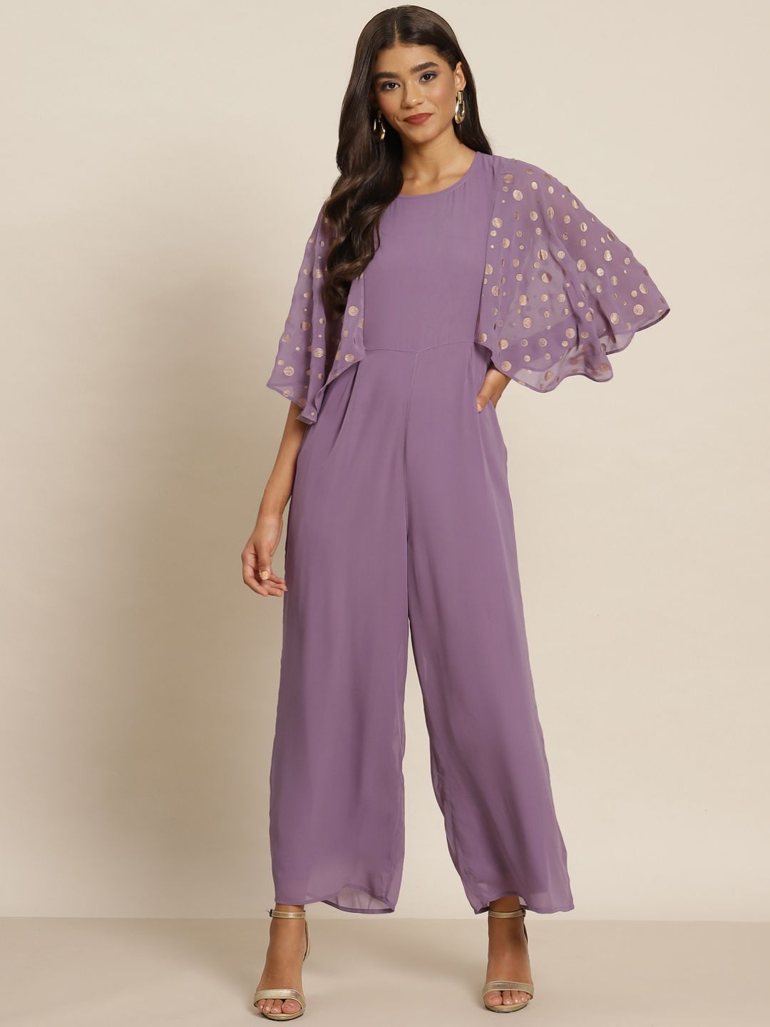 Shae by SASSAFRAS Purple & Gold-Toned Flared Sleeves Basic Jumpsuit Price in India