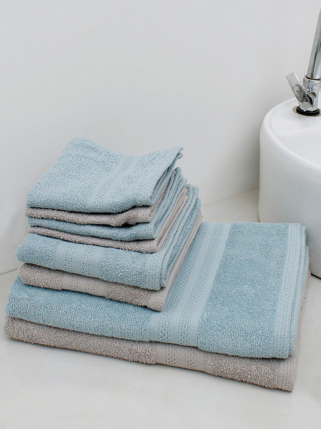 AVI Living Set of 8 Anti Microbial Cotton Towel GSM 400 Grey & Blue Towel Set Price in India