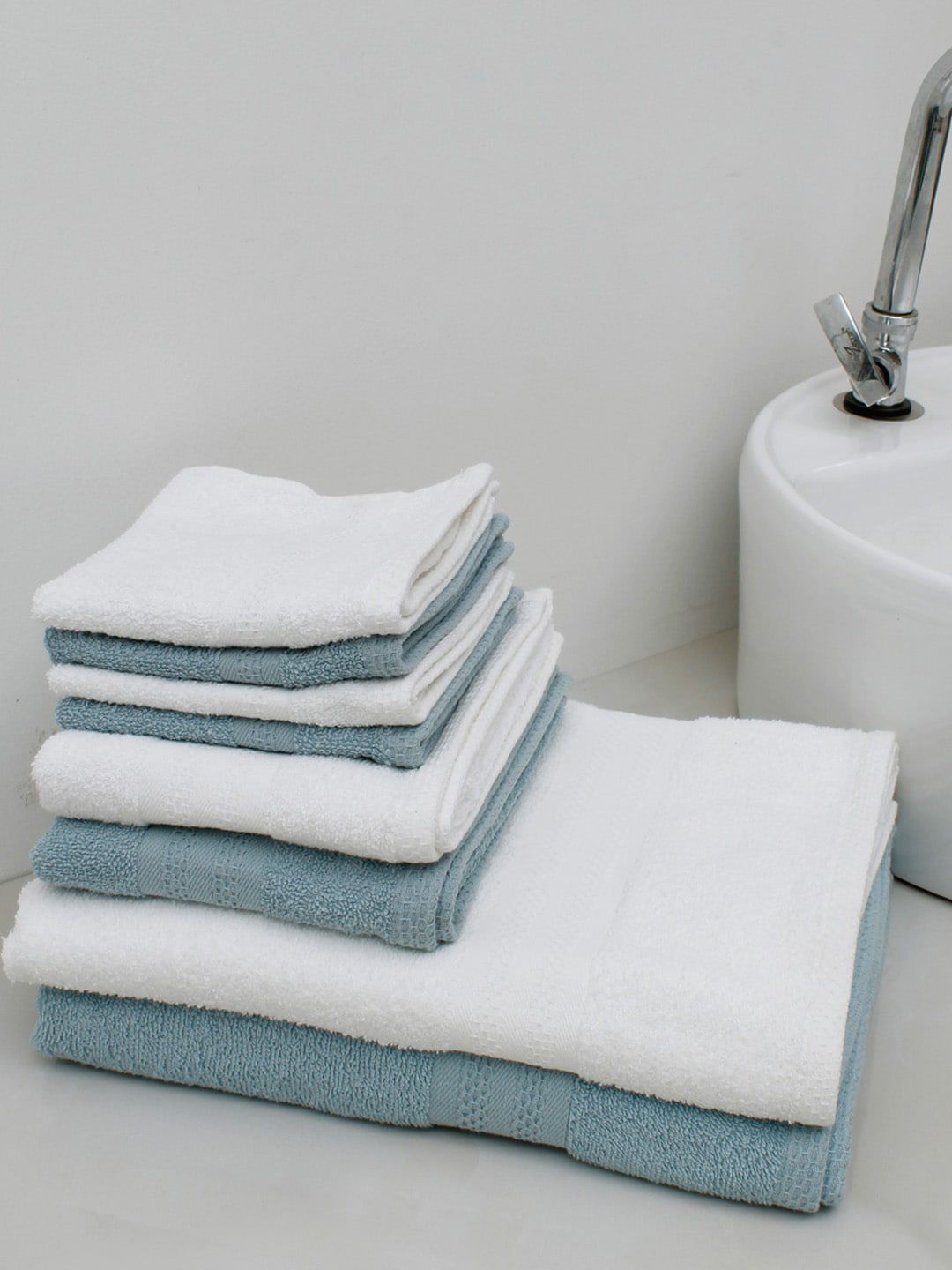 AVI Living Set Of 8 White & Blue Anti Microbial Cotton GSM 400 Towel Set Price in India