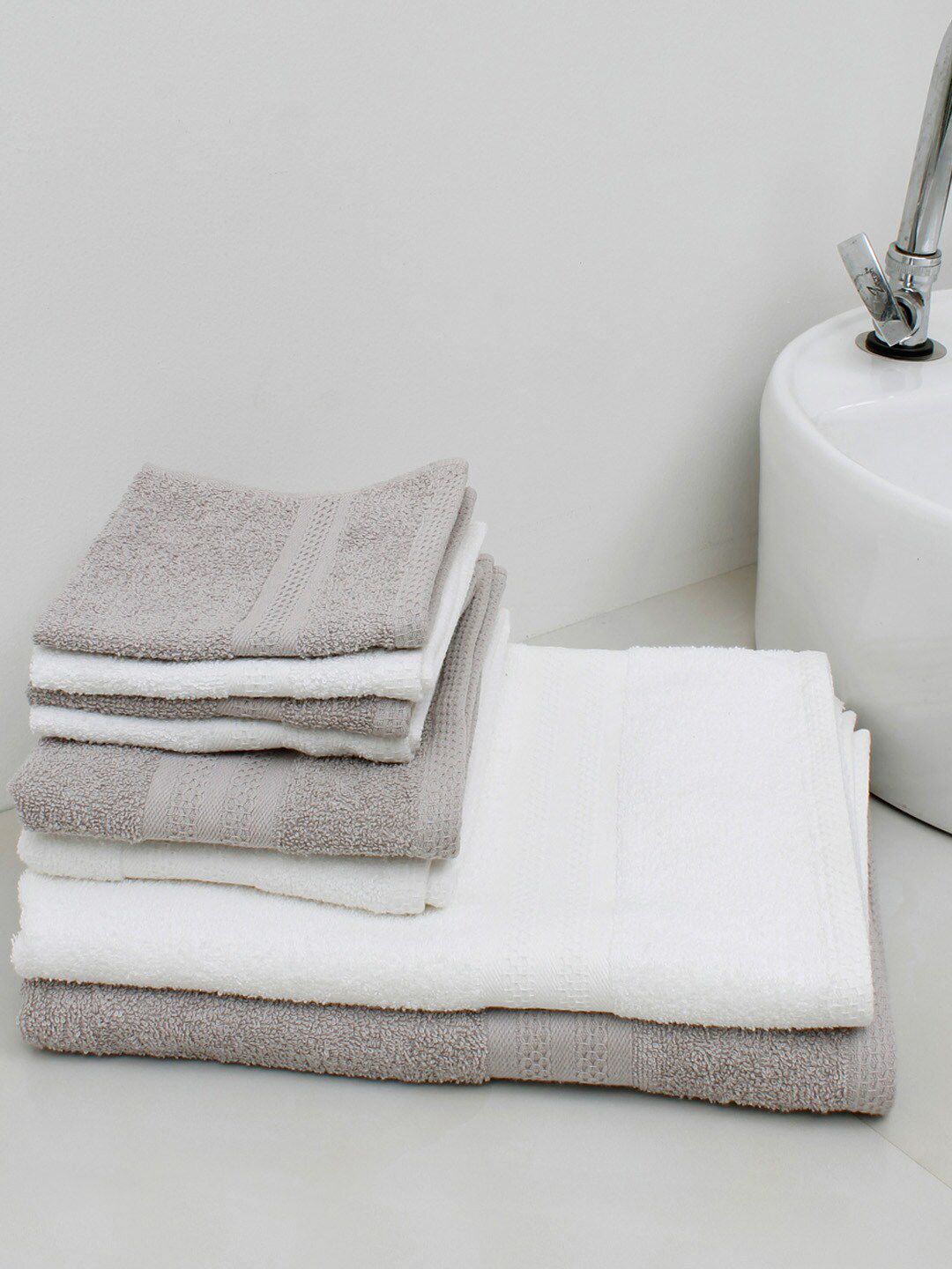 AVI Living Set Of 8 White & Grey Solid 400 GSM Solid Towel Set Price in India