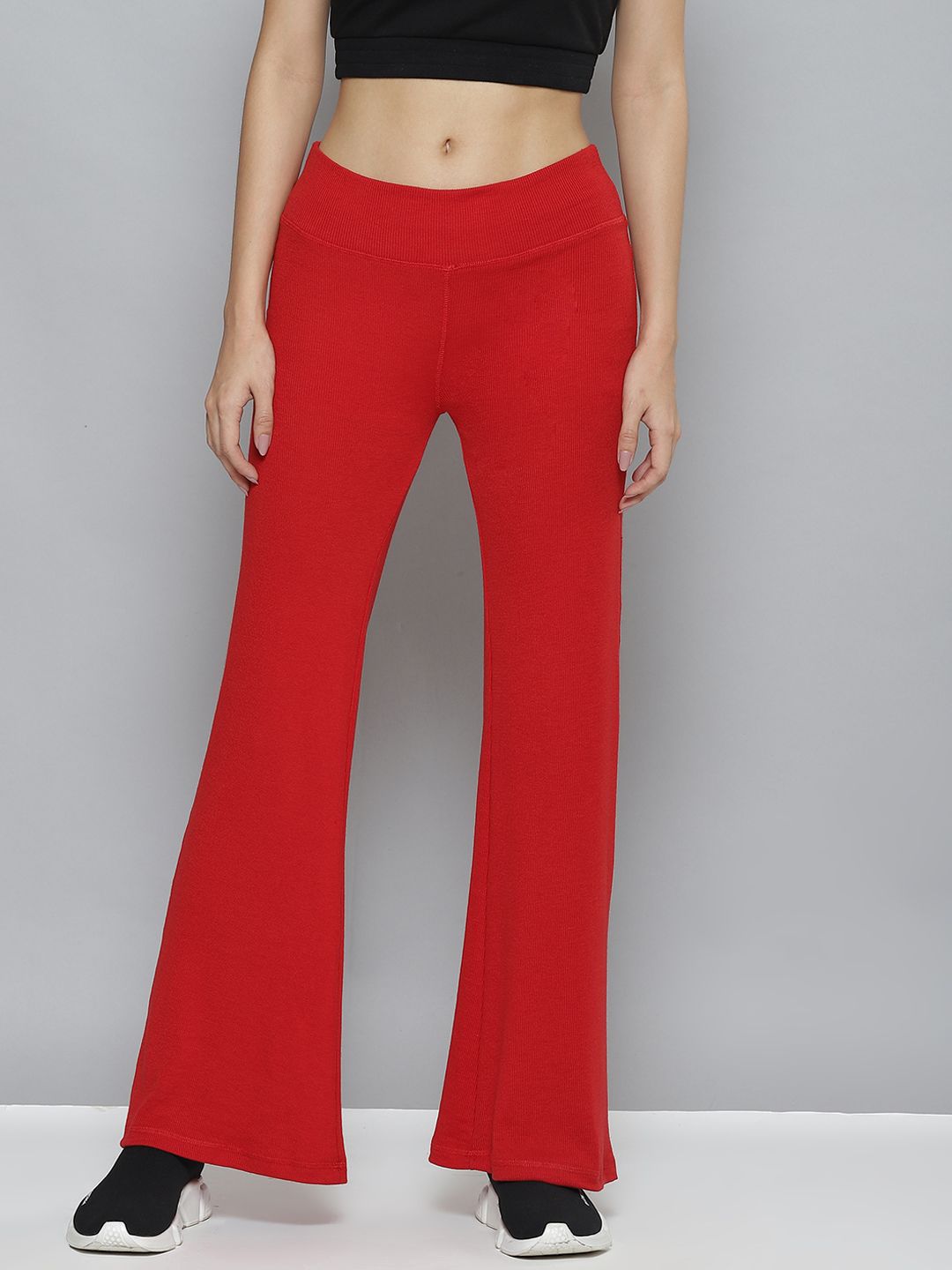 SASSAFRAS Women Red Ribbed Bootcut Track Pants Price in India