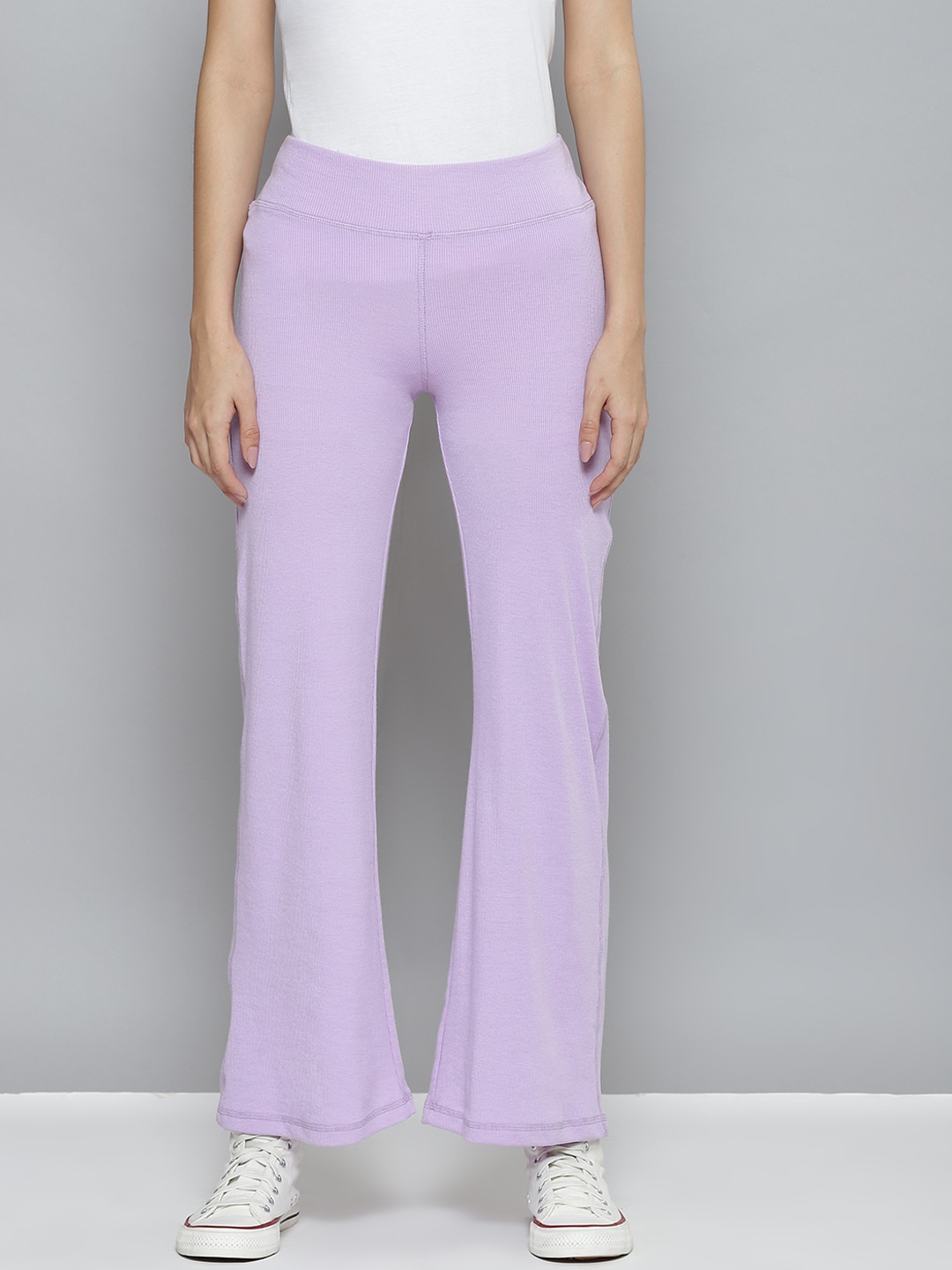 SASSAFRAS Women Lavender Ribbed Bootcut Track Pants Price in India