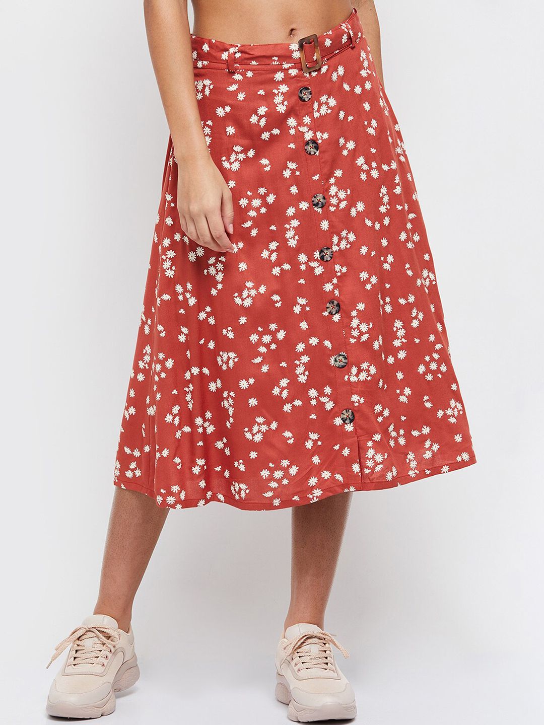 max Women Brick Red Floral Printed Midi A- Line Skirts