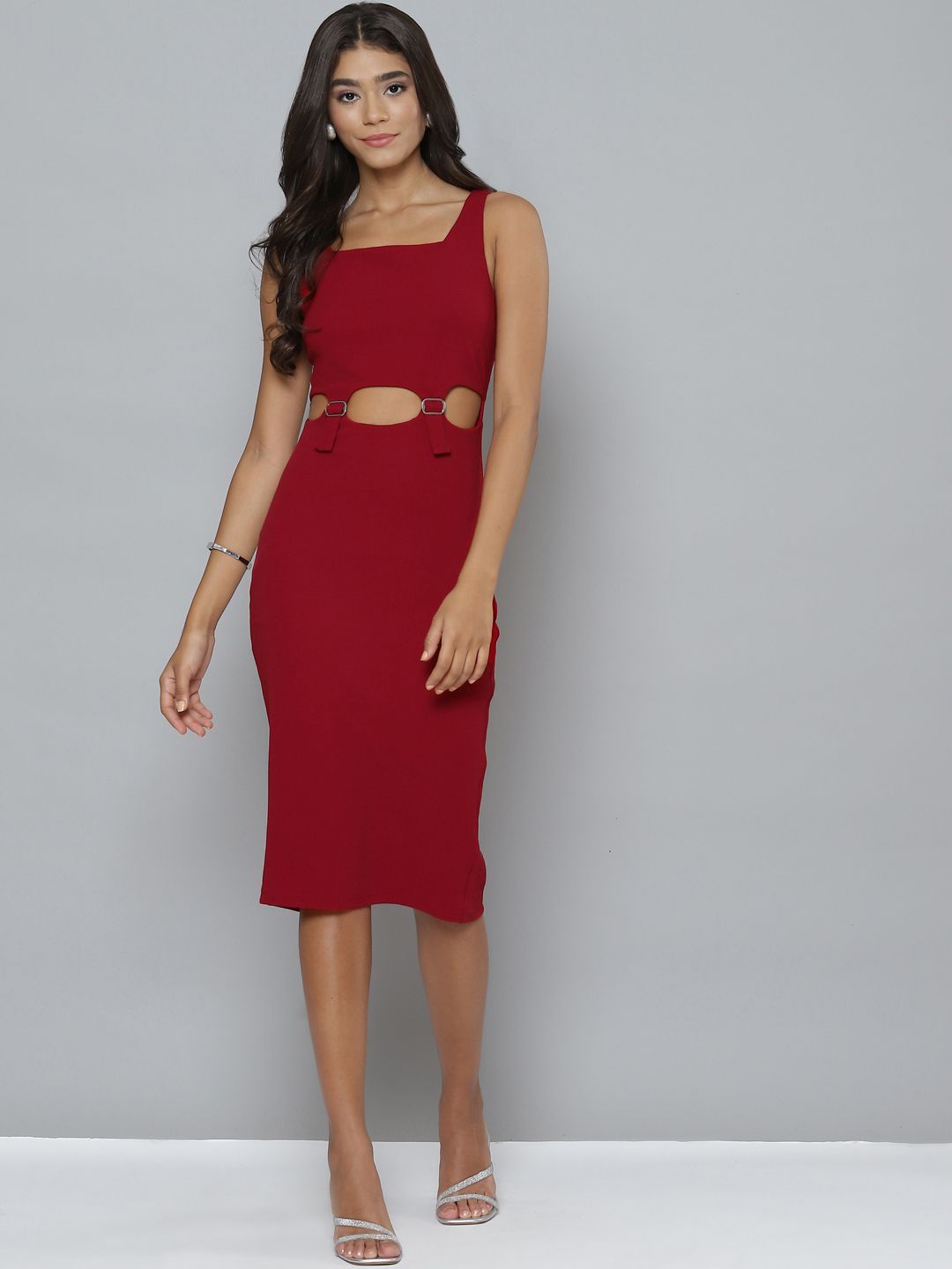 SASSAFRAS Maroon Cut Out Buckle Detail Bodycon Dress Price in India