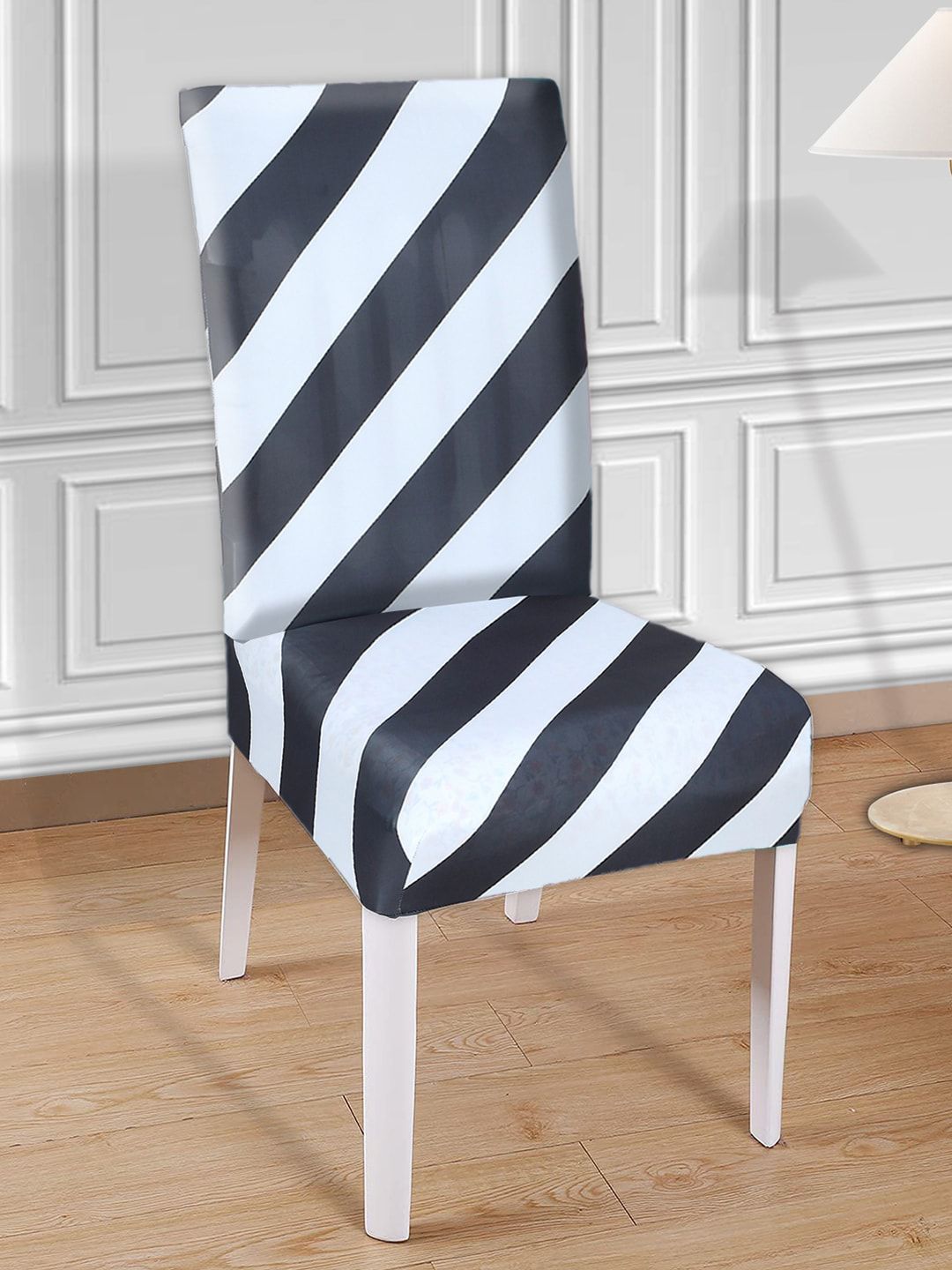 Kuber Industries Set Of 6 Black & White Striped Printed Elastic Stretchable Chair Cover Price in India