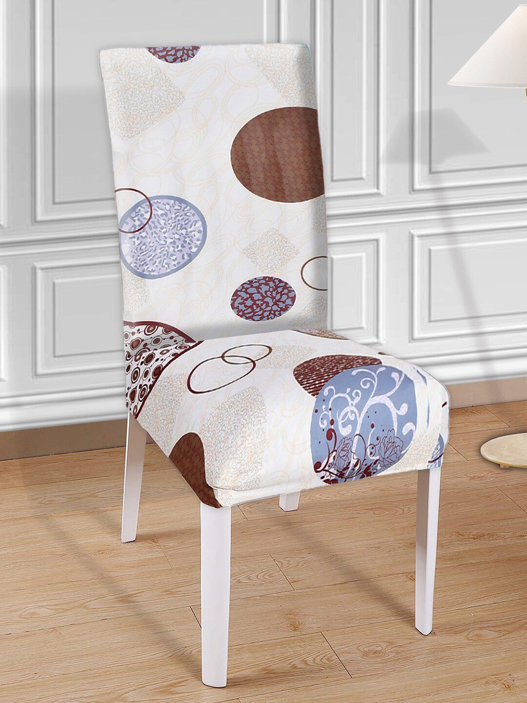 Kuber Industries Set Of 6 White Geometric Printed Elastic Stretchable Chair Cover Price in India