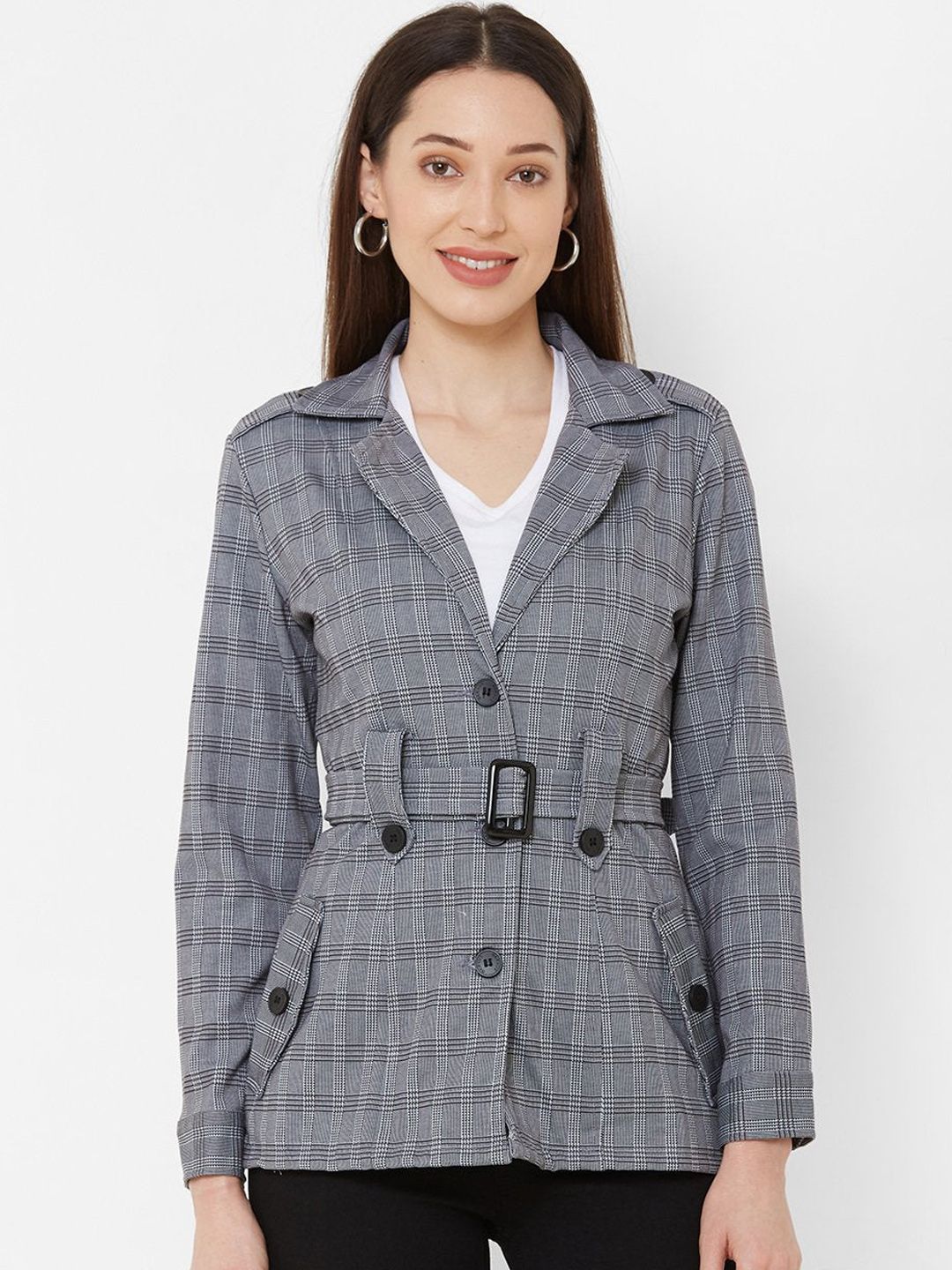Kraus Jeans Women Grey Checked Longline Tailored Jacket Price in India