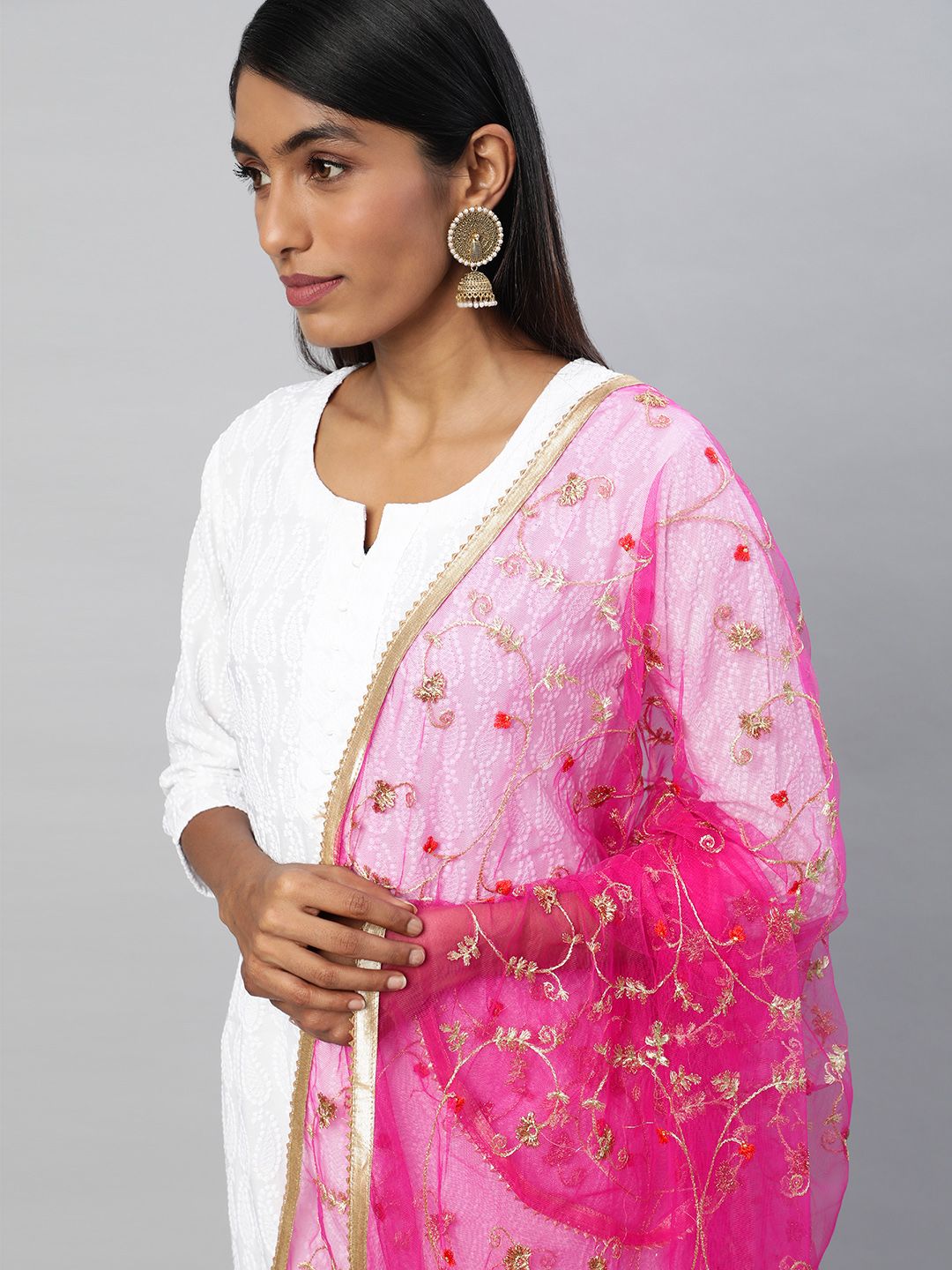 flaher Pink Embroidered Dupatta with Zari Price in India