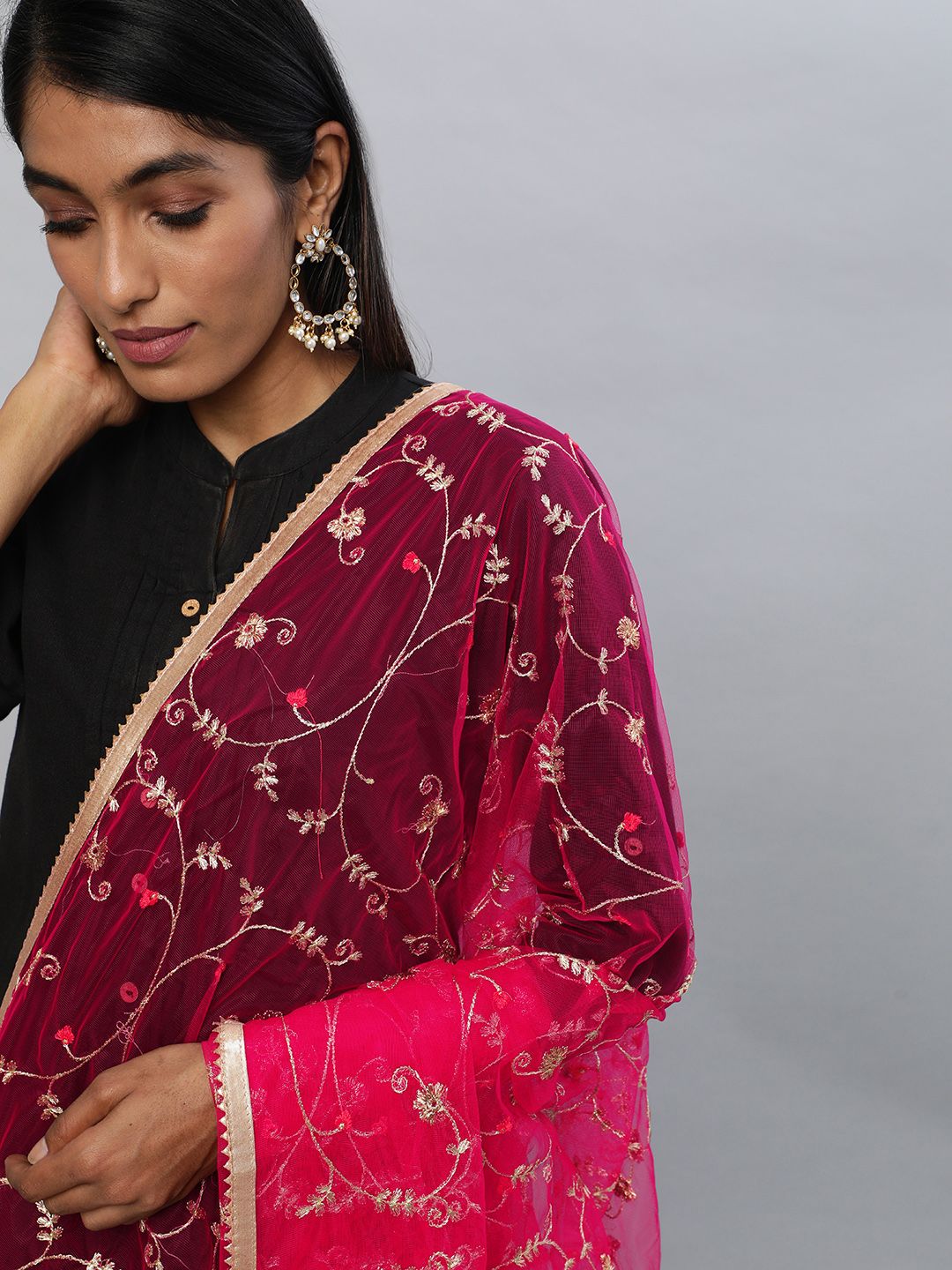 flaher Pink Embroidered Dupatta with Zari