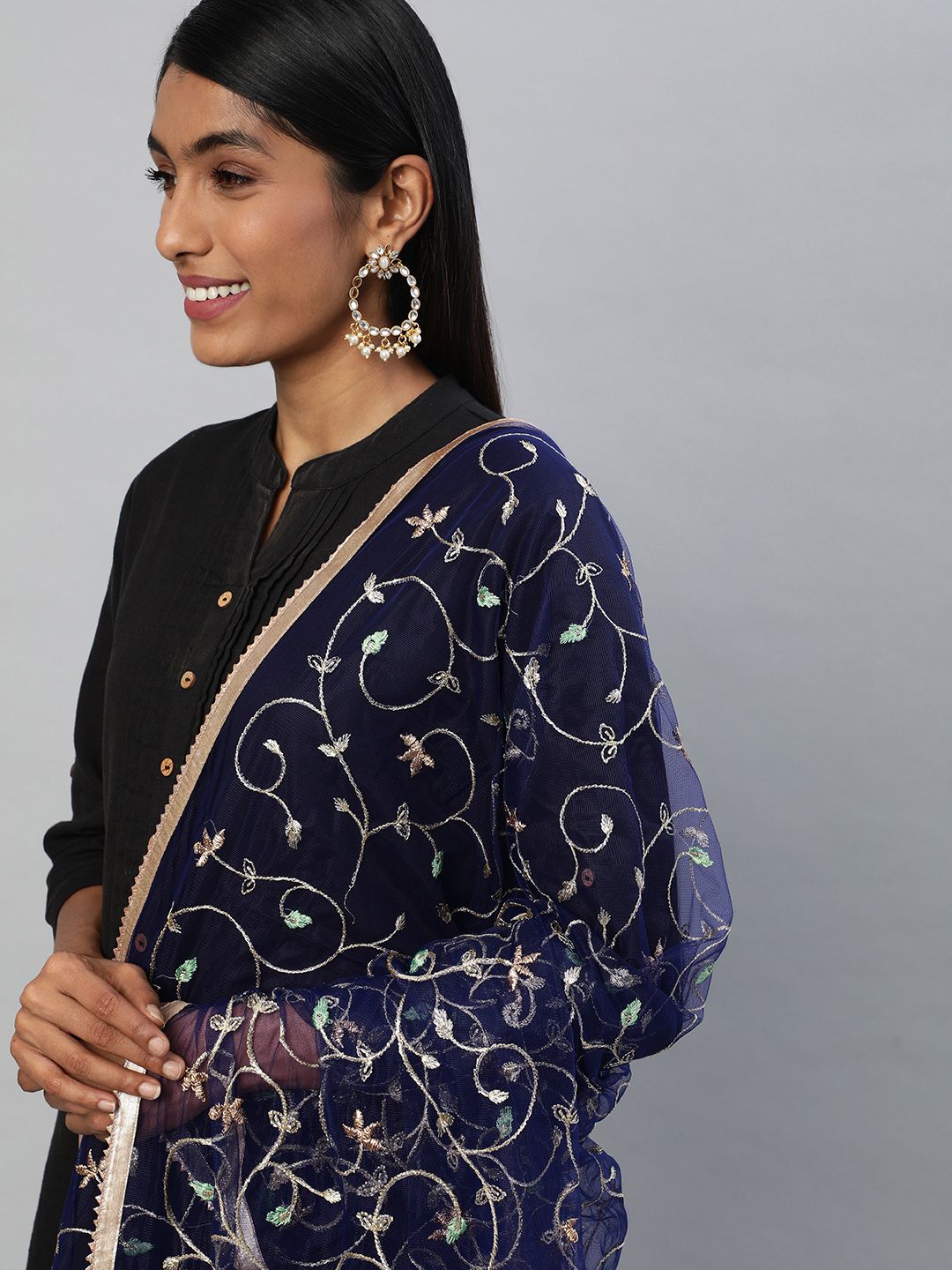 flaher Navy Blue Embroidered Dupatta with Zari Price in India