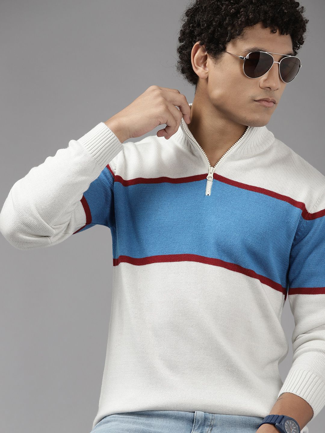 The Roadster Lifestyle Co. Men Off White & Blue Acrylic Striped Half-Zipper Pullover