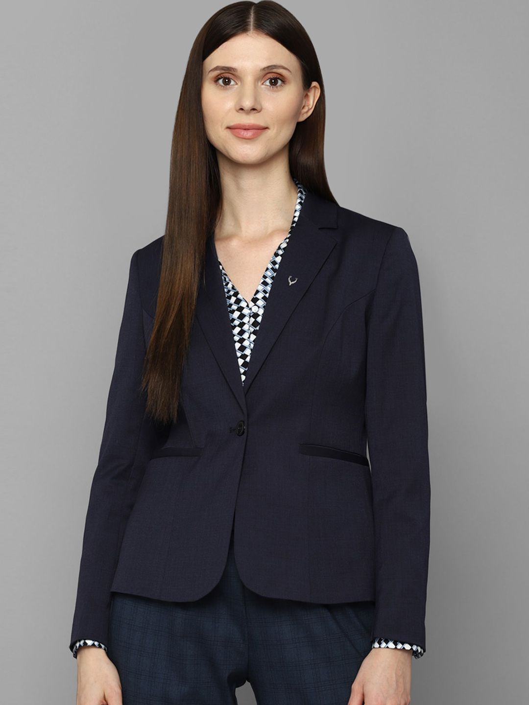 Allen Solly Woman Navy Blue Solid Single-Breasted Formal Blazer Price in India