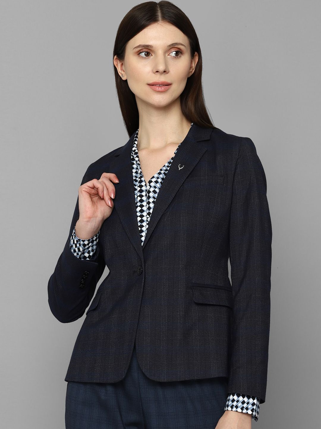Allen Solly Woman Navy Blue Checked Slim-Fit Single-Breasted Blazer Price in India