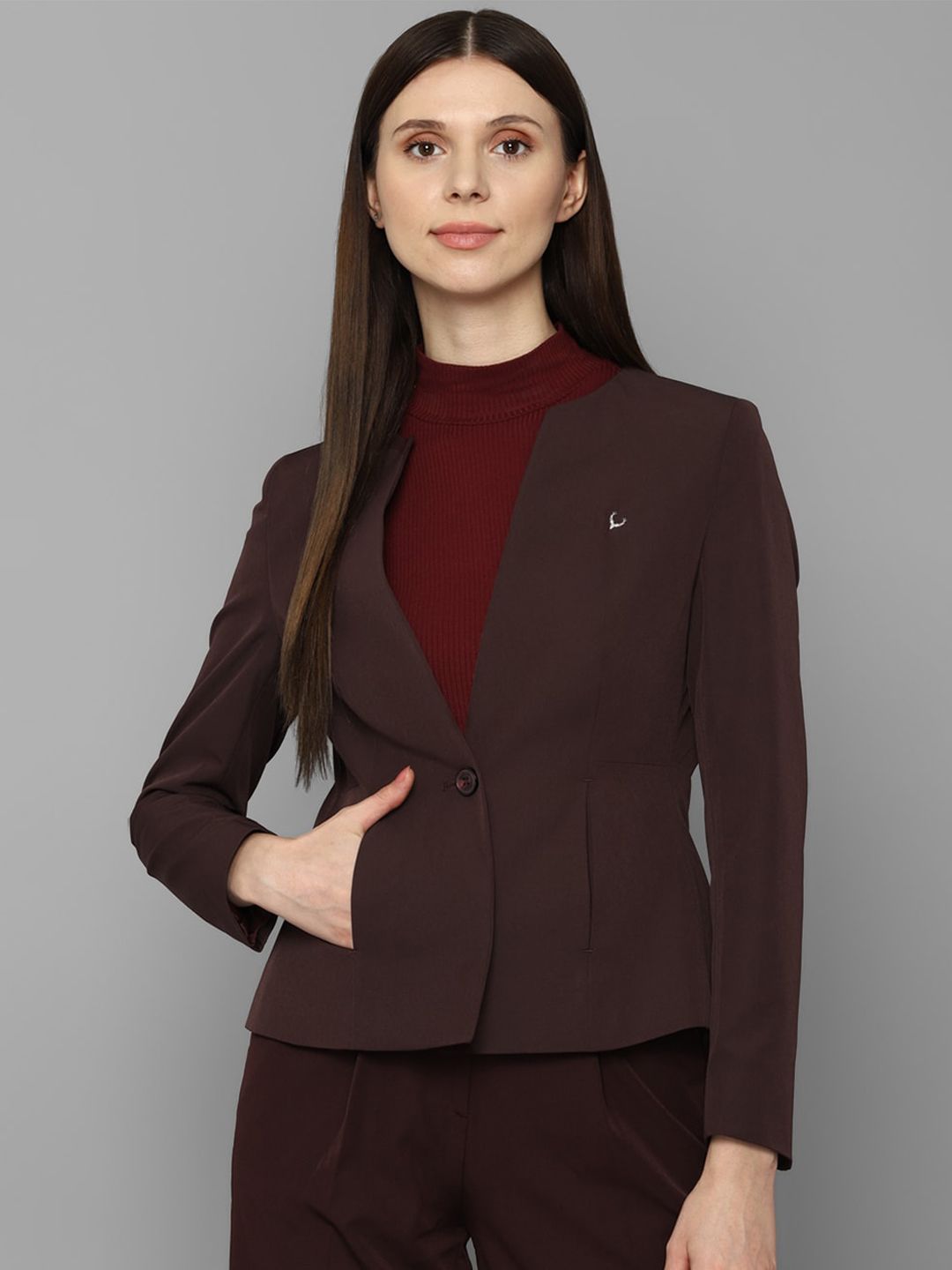 Allen Solly Woman Women Maroon Solid Single Breasted Slim Fit Blazer Price in India