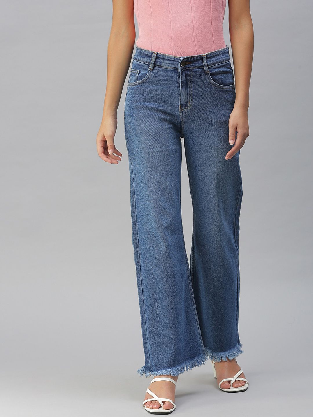 SHOWOFF Women Blue Wide Leg High-Rise Light Fade Stretchable Jeans Price in India