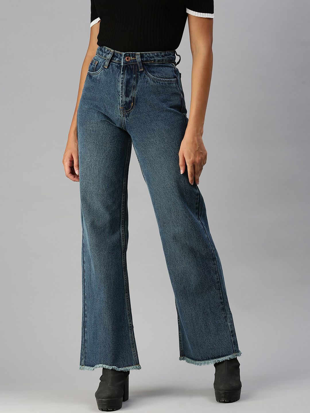 SHOWOFF Women Blue Wide Leg High-Rise Jeans Price in India