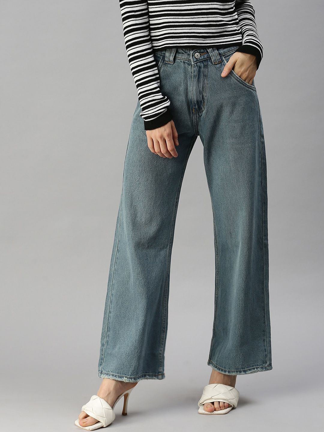 SHOWOFF Women Blue Wide Leg High-Rise Low Distress Jeans Price in India
