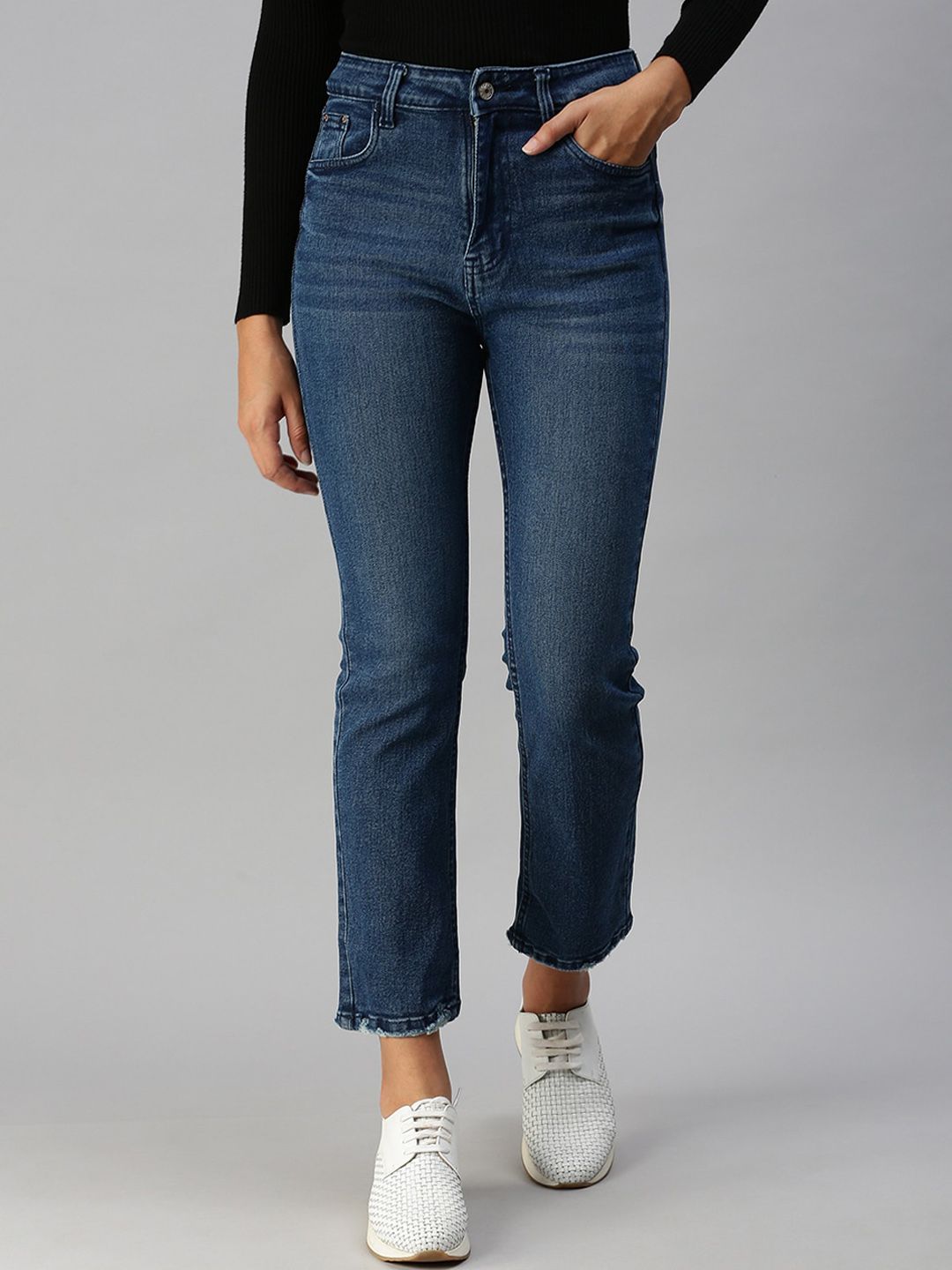 SHOWOFF Women Blue Straight Fit High-Rise Light Fade Stretchable Jeans Price in India