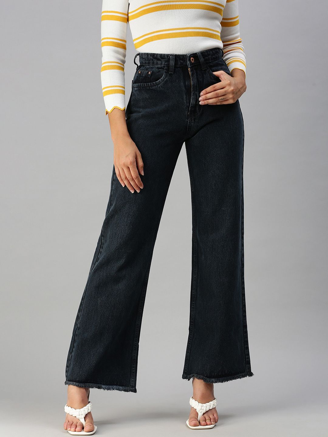 SHOWOFF Women Grey Wide Leg High-Rise Jeans Price in India