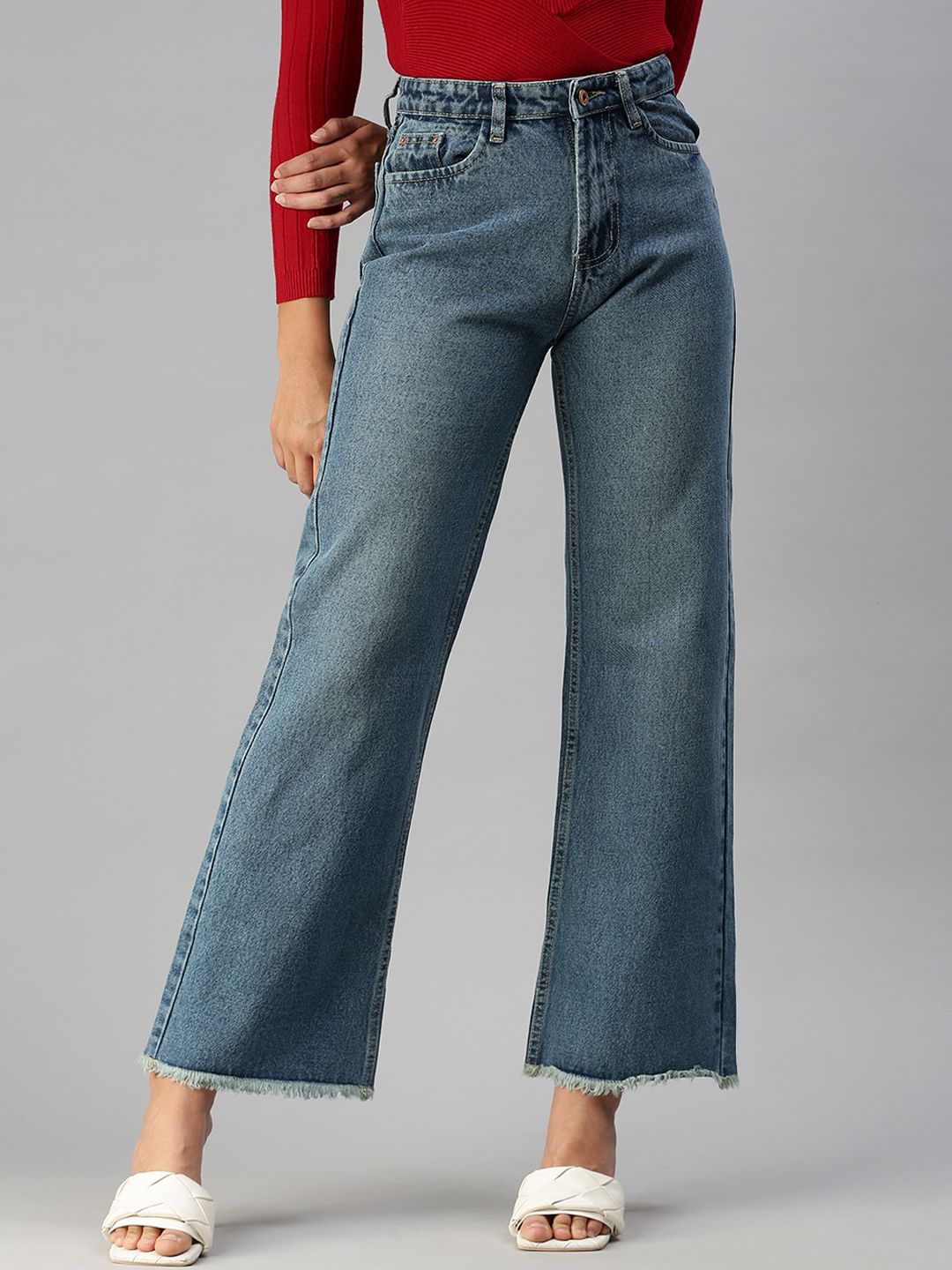 SHOWOFF Women Blue Wide Leg High-Rise Light Fade Jeans Price in India