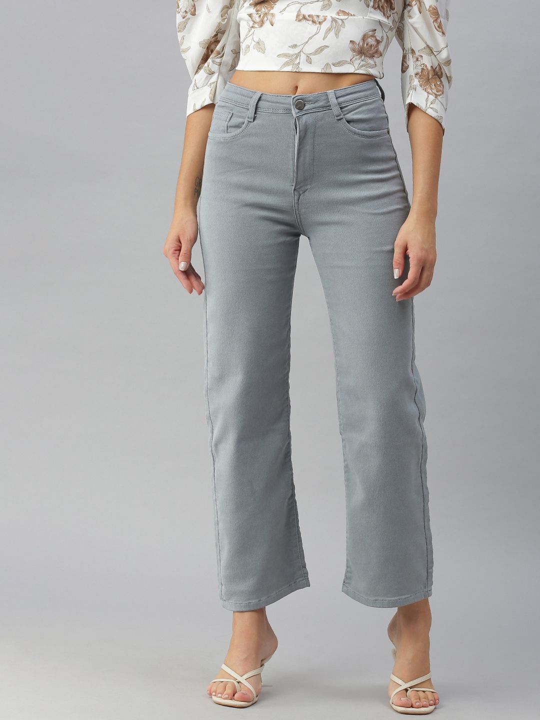 SHOWOFF Women Grey Wide Leg High-Rise Stretchable Jeans Price in India